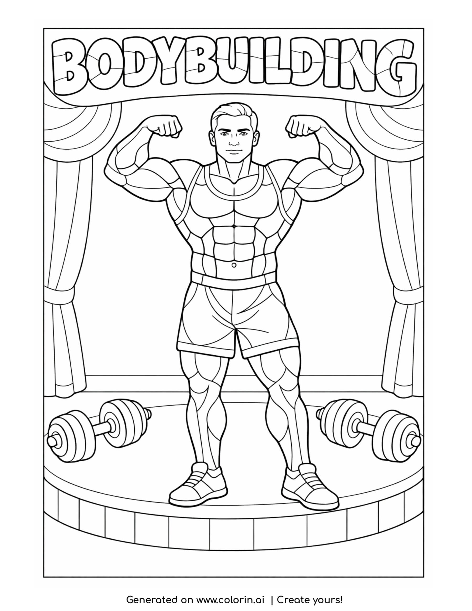 bodybuilder flexing muscles on stage coloring page with weights and strong pose