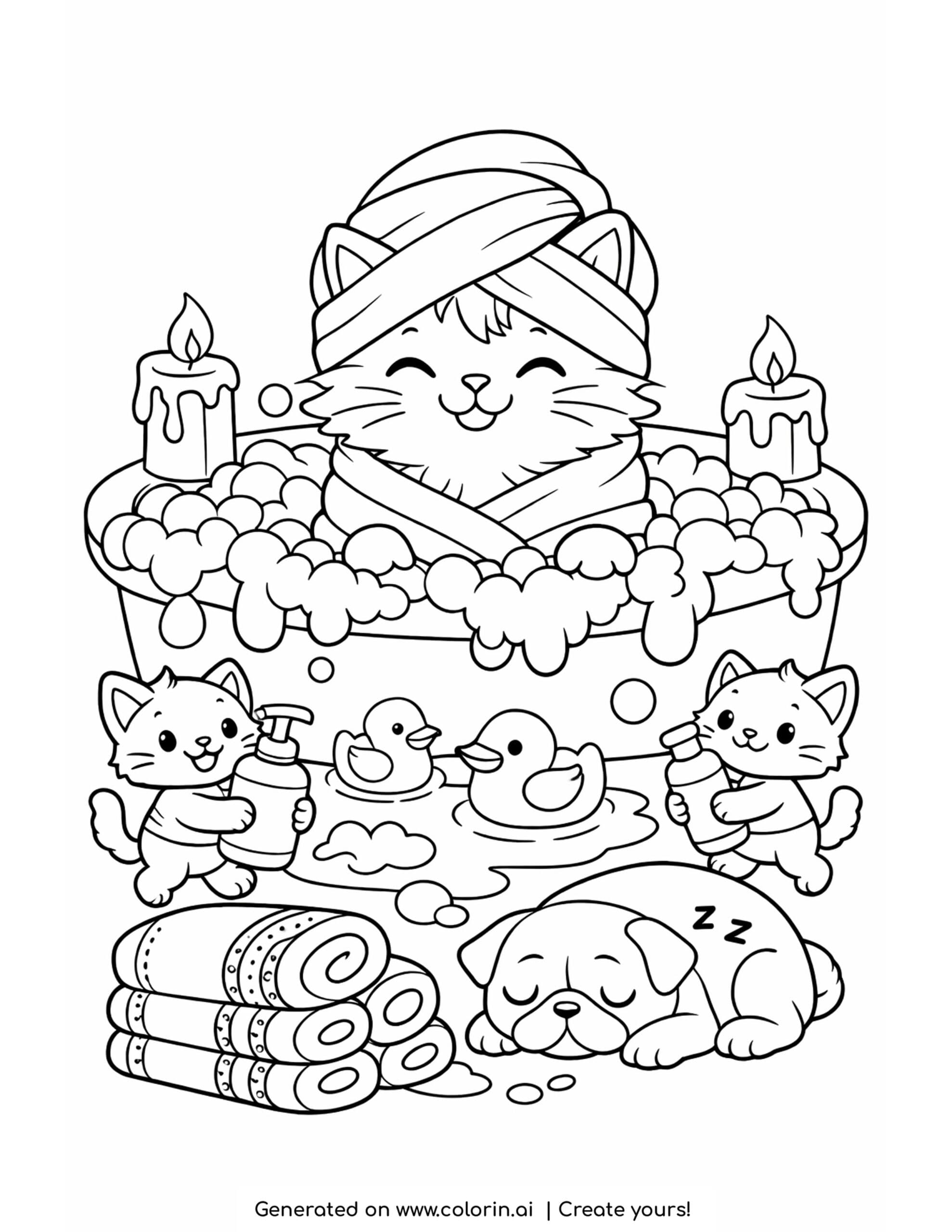 cat relaxing in bubble bath coloring page with kittens and rubber ducks