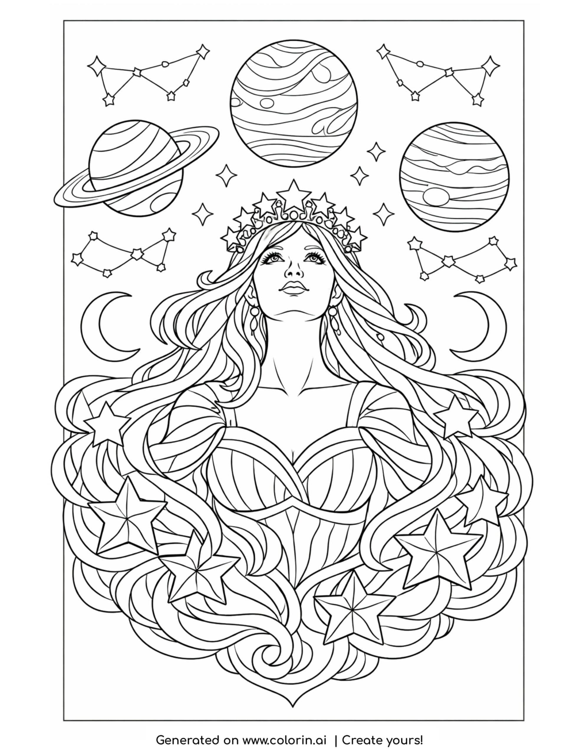celestial goddess among planets coloring page with constellations and stars