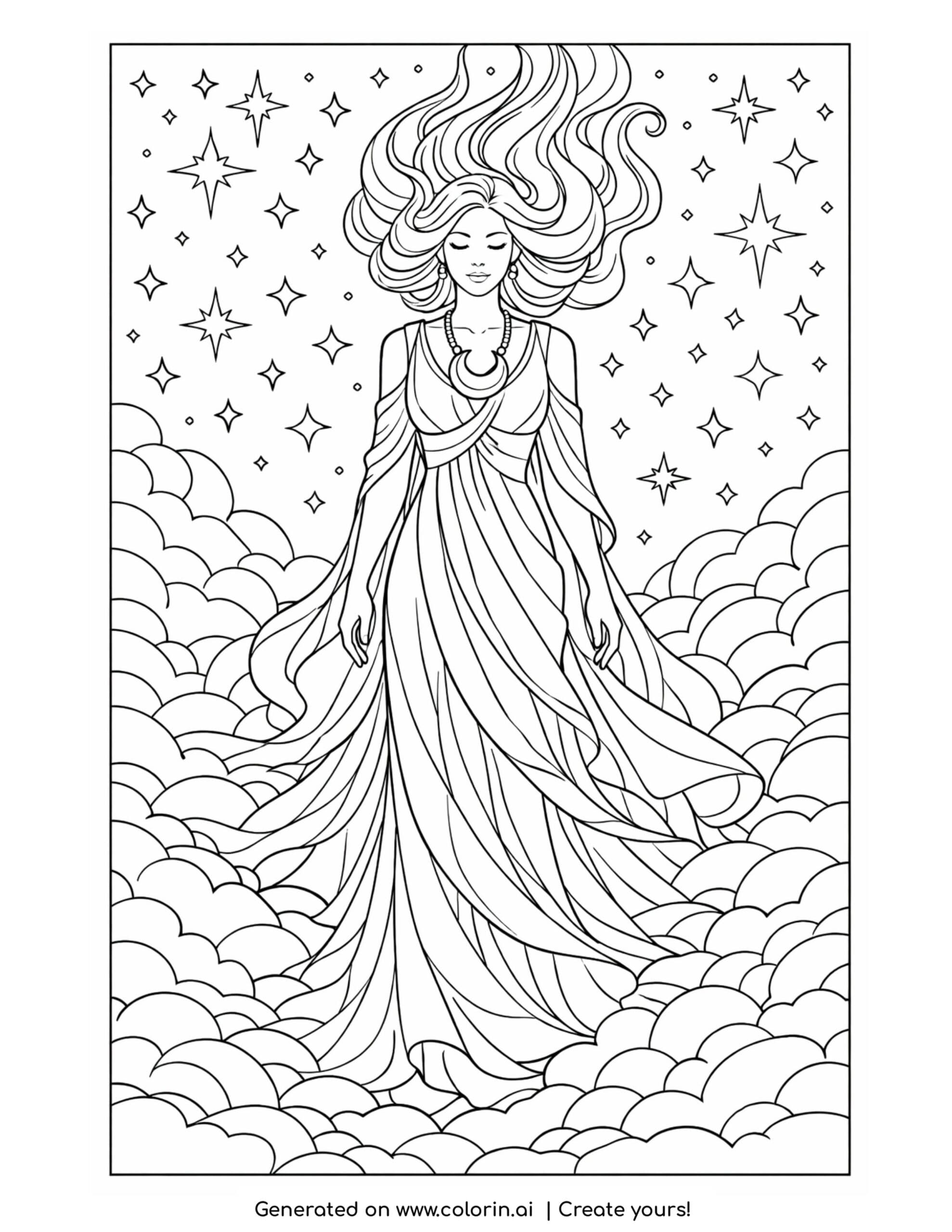 celestial goddess among stars coloring page with floating clouds and moon necklace