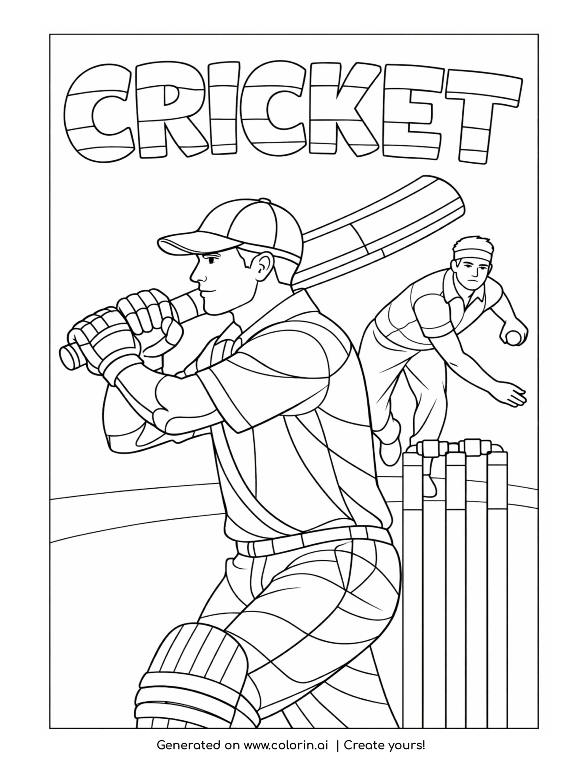 cricket batter swinging bat coloring page with player hitting ball and bowler behind