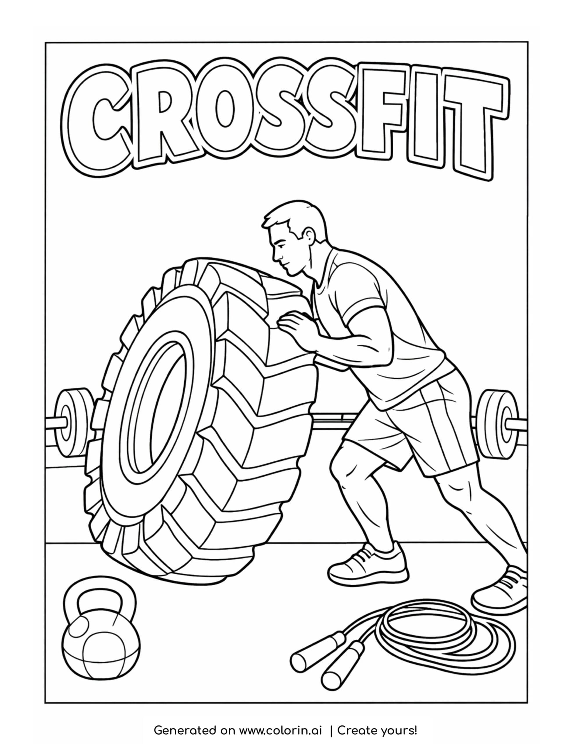 crossfit athlete flipping tire coloring page with gym equipment and training scene