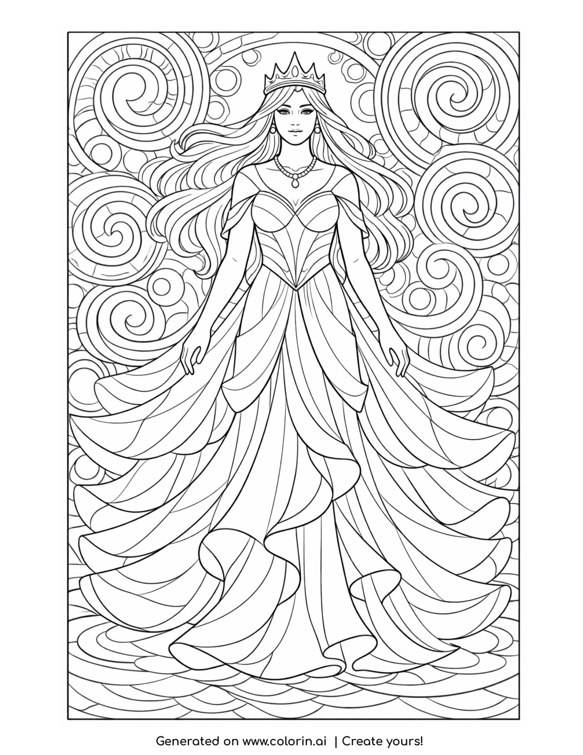 crowned goddess with spiral waves coloring page with layered gown and swirling patterns