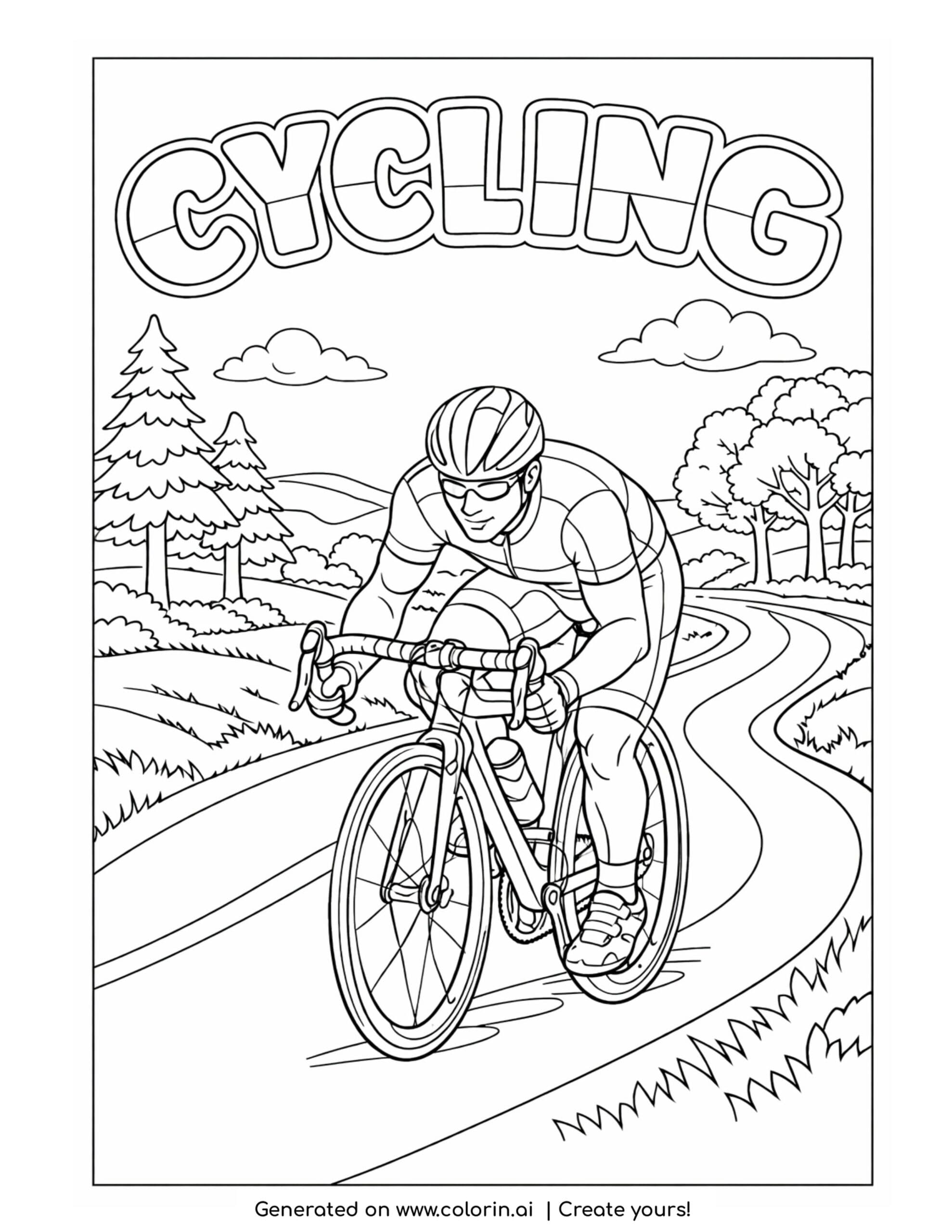 cyclist riding on winding road coloring page with helmeted rider on curved path and trees around coloring page