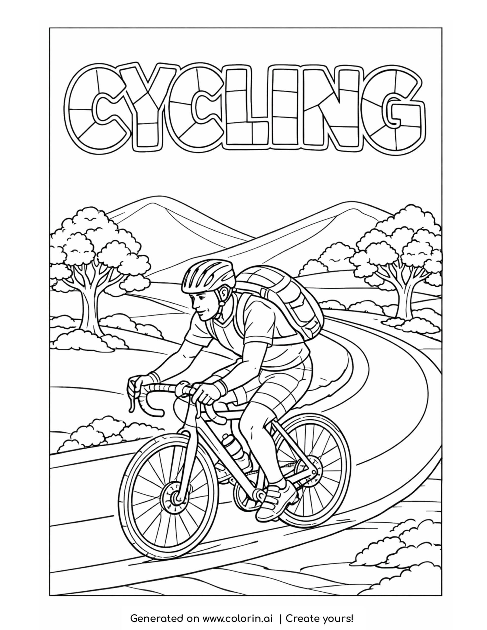 cyclist riding on winding road coloring page with hills and trees background