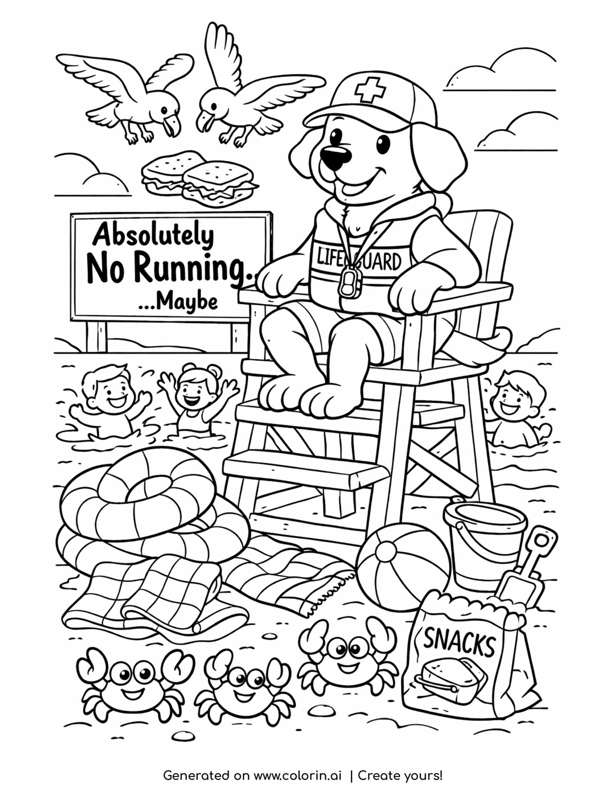 dog lifeguard beach patrol coloring page with beach chair seagulls and floating toys