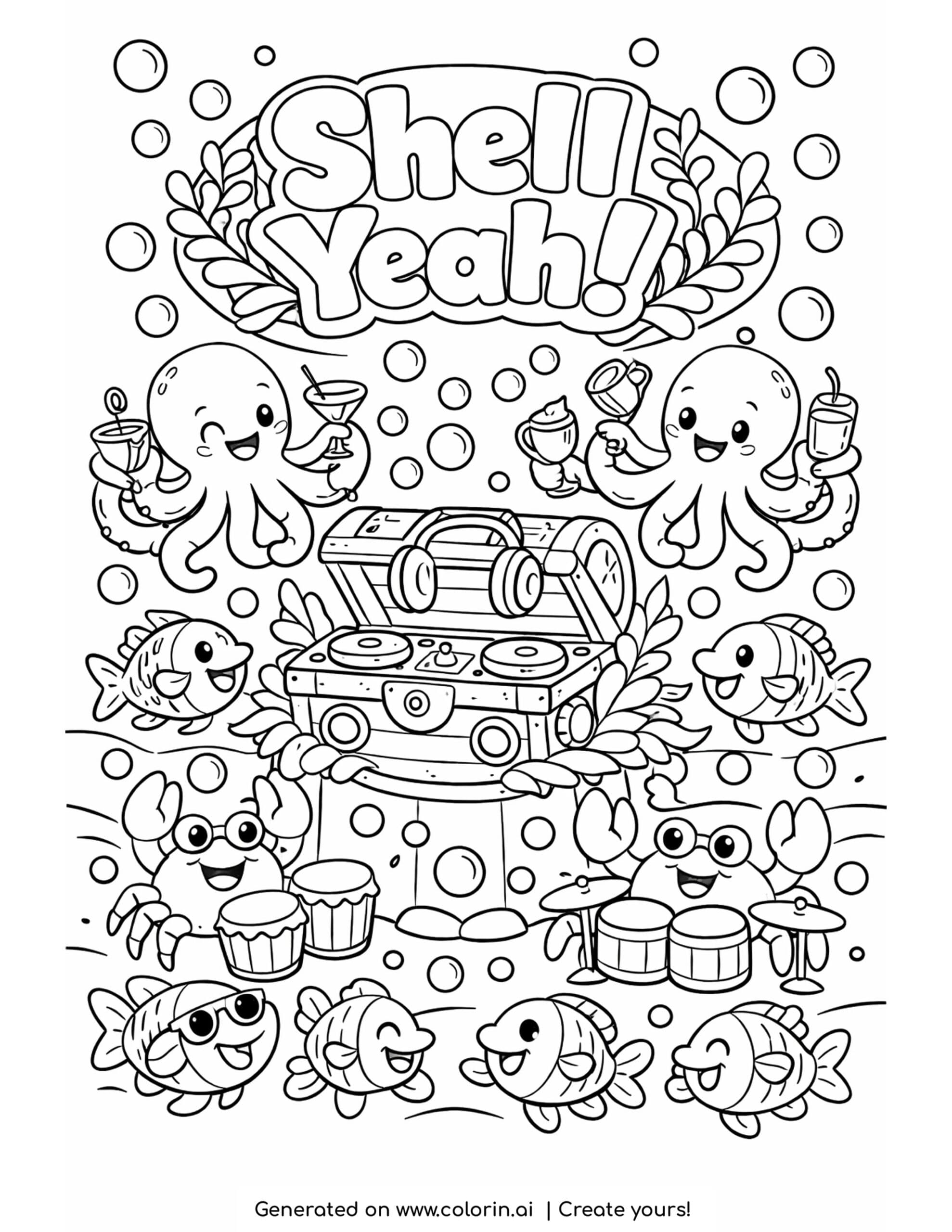 donut spinning on frosting coloring page with disco lights and cupcakes