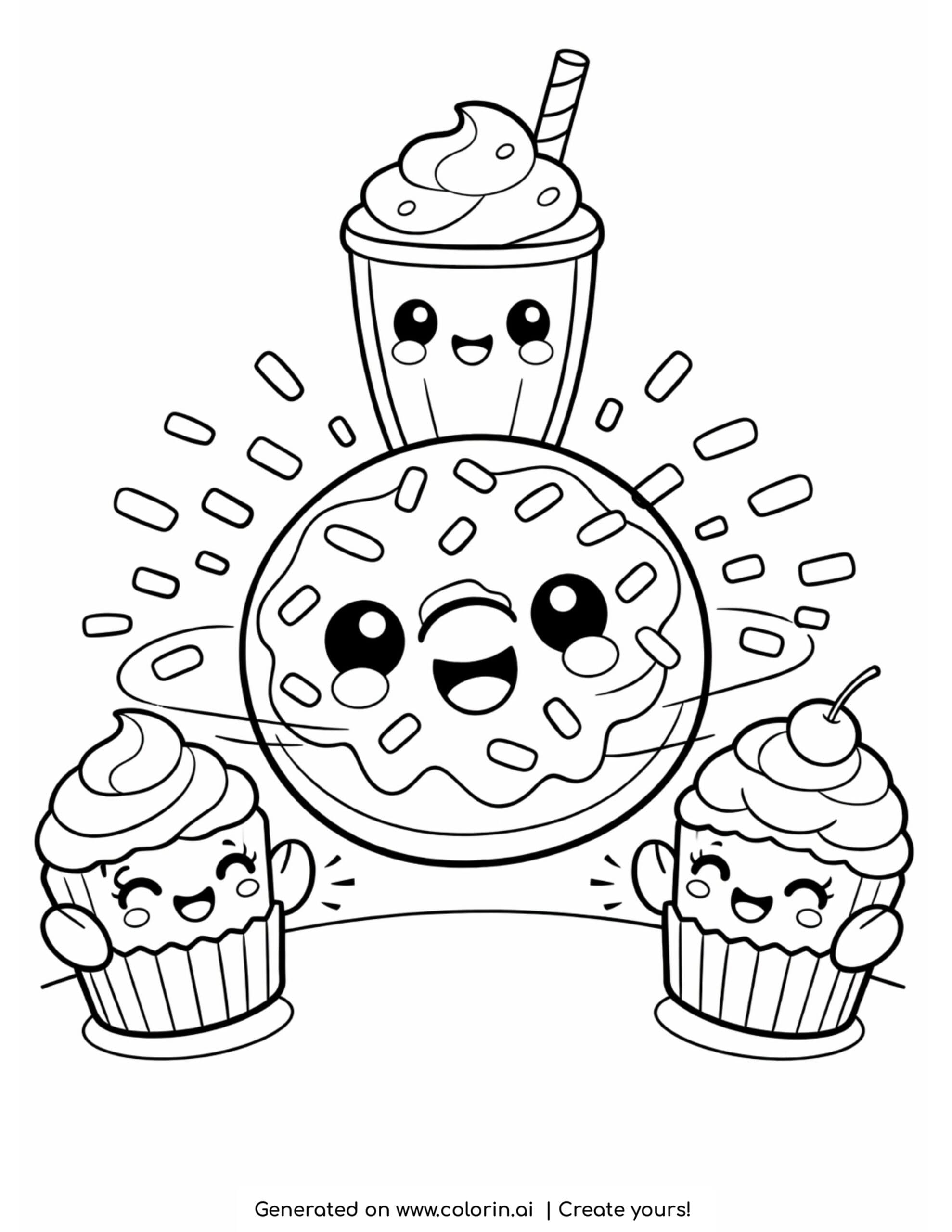 donut spinning with sprinkles coloring page with smiling cupcakes and milkshake