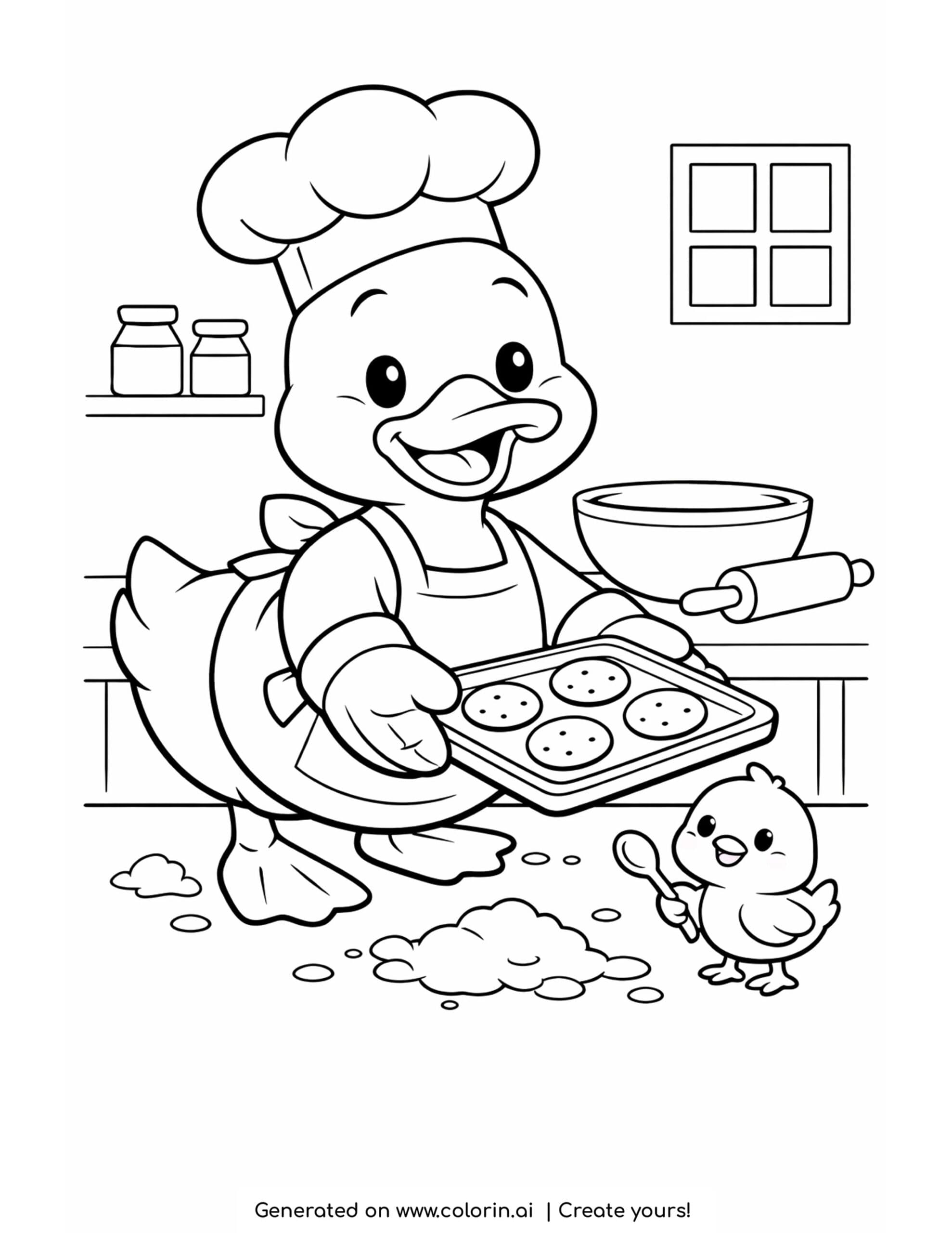duck baking cookies with chick in kitchen coloring page