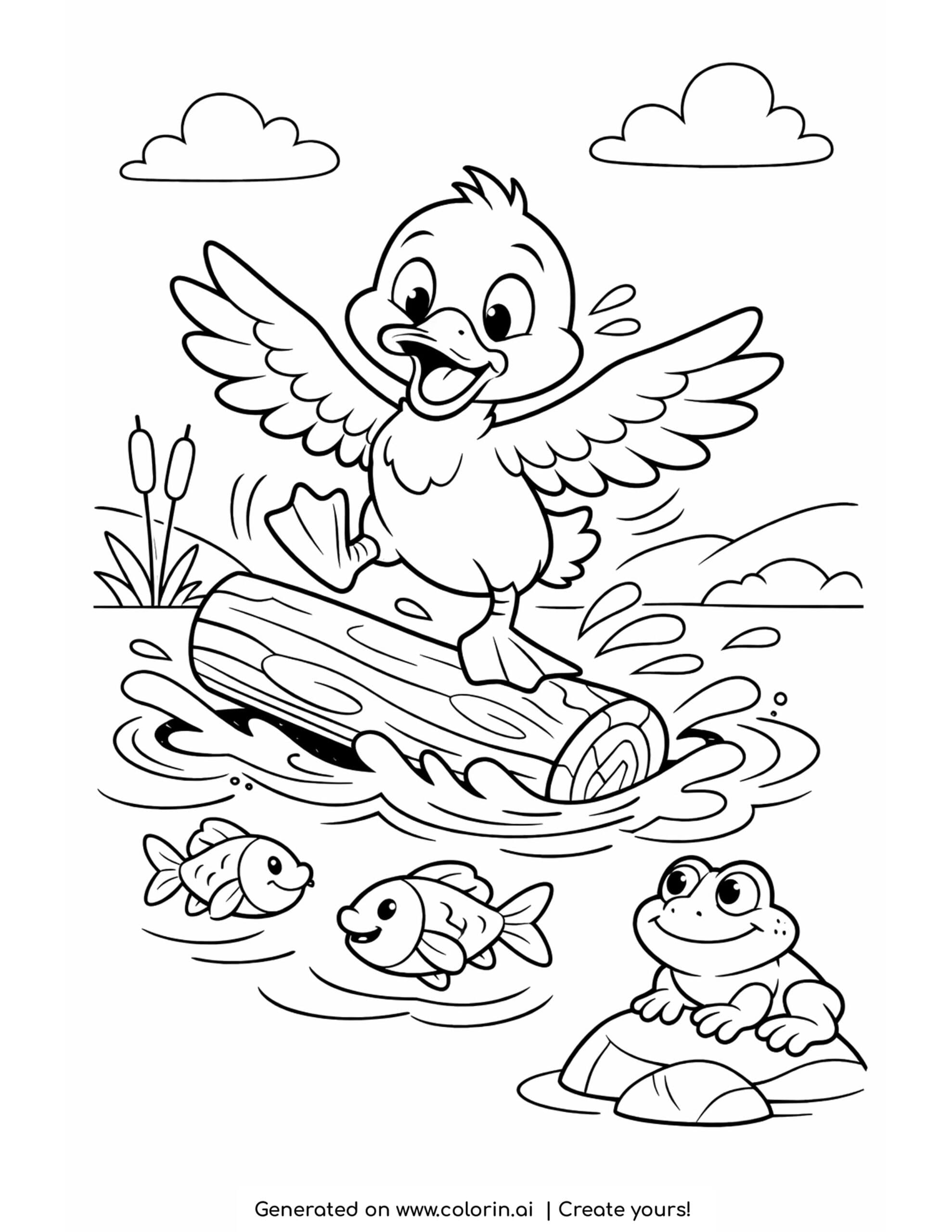 duck balancing on floating log coloring page with fish and frog
