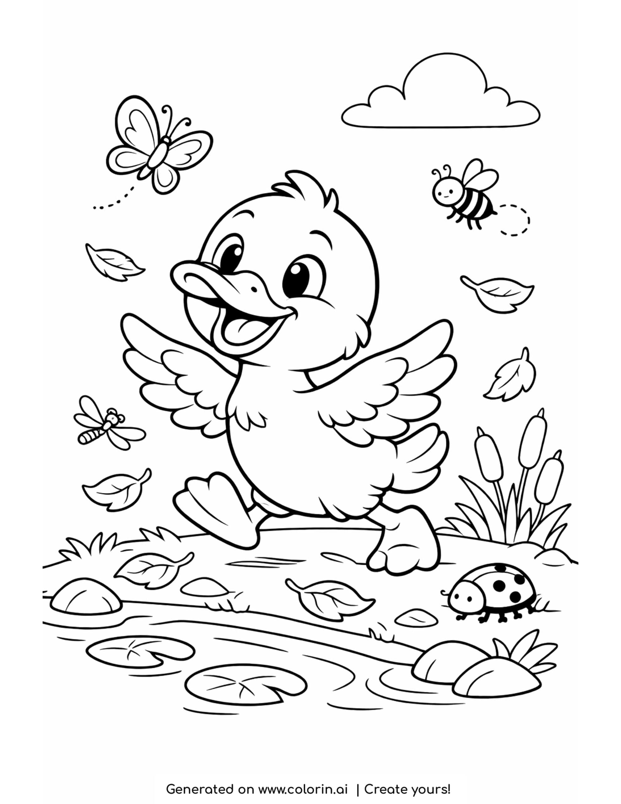 duck chasing butterfly near pond coloring page with insects and floating leaves
