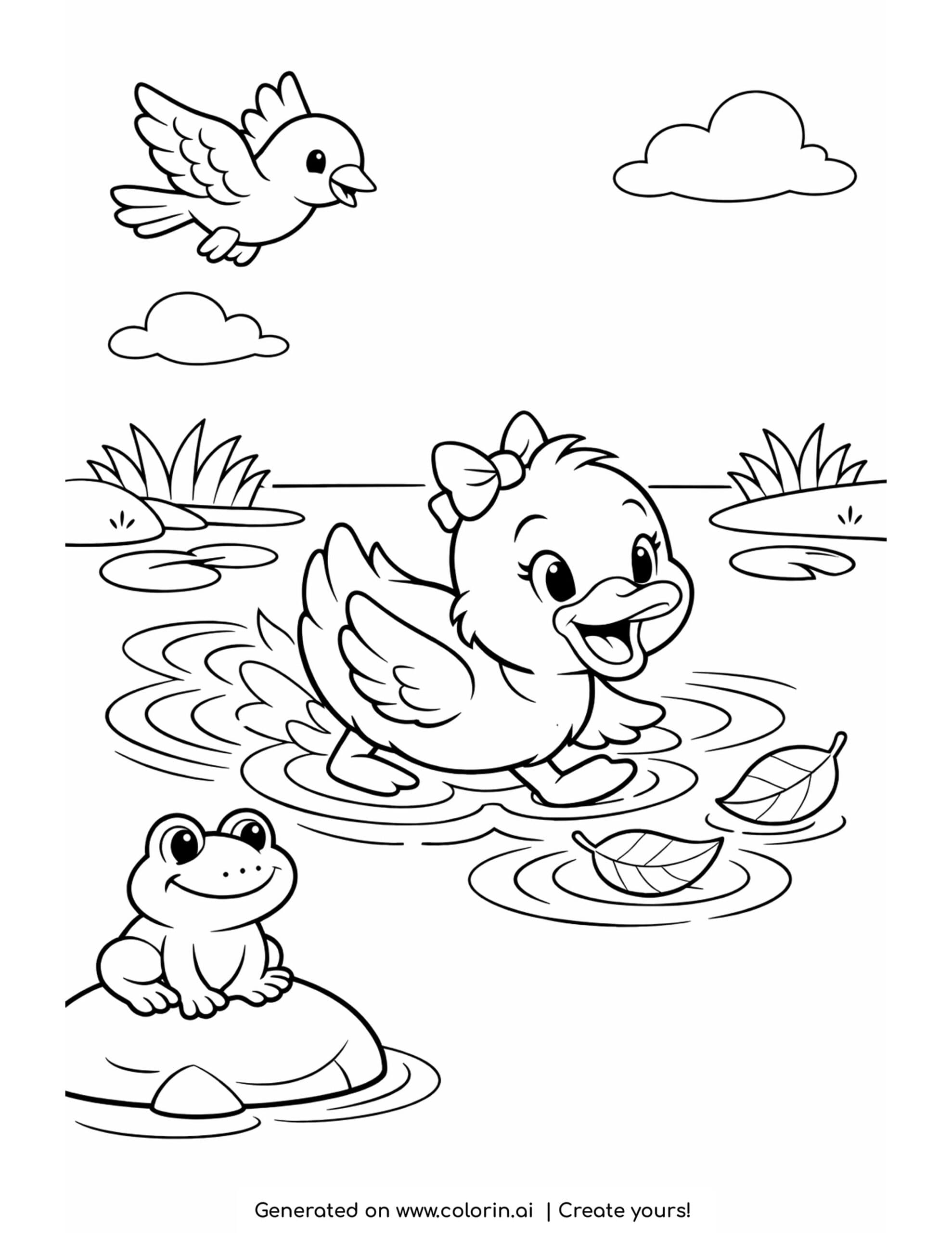 duck chasing floating leaves coloring page with frog and flying bird