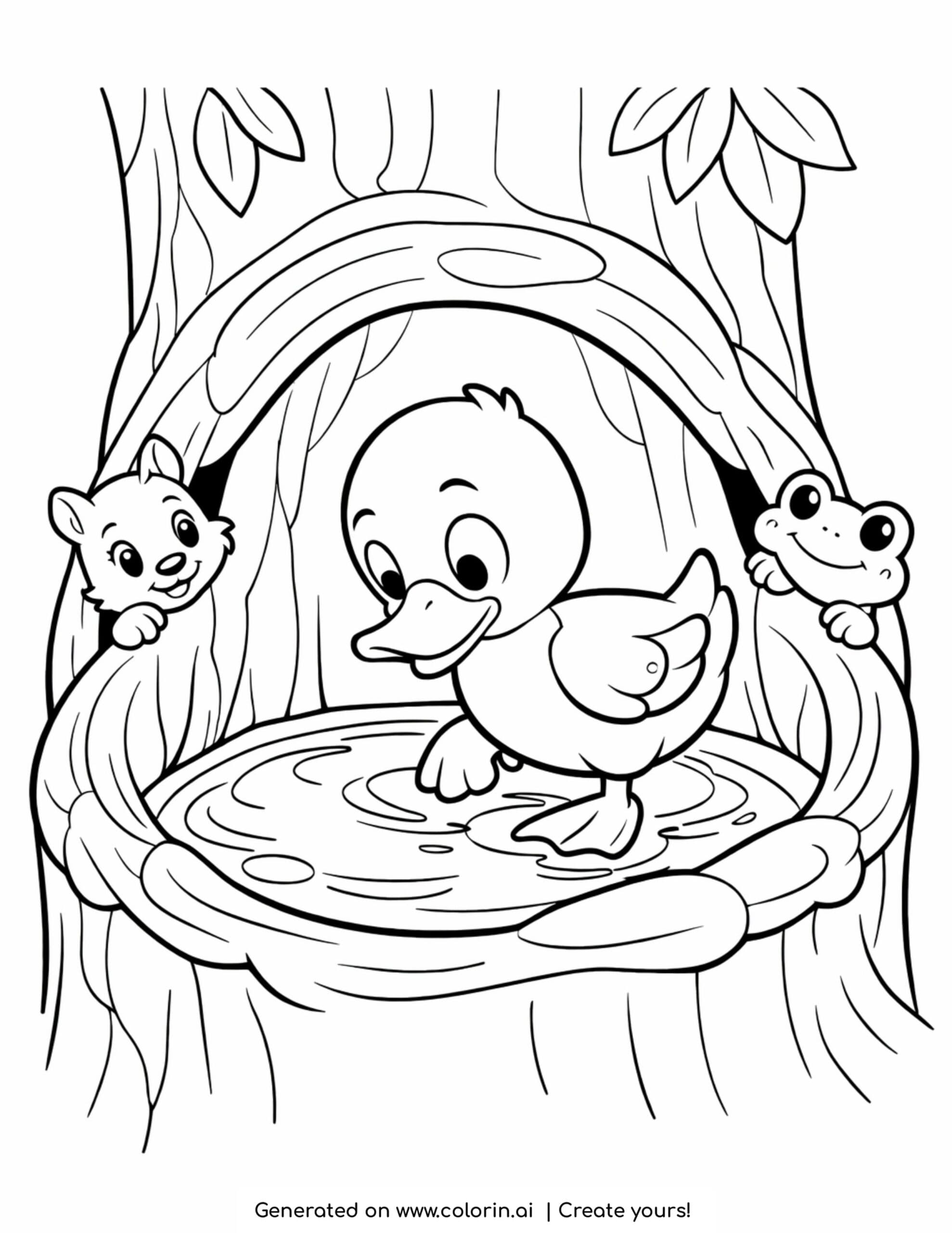 duck exploring a tree hollow coloring page with woodland animals and water ripples