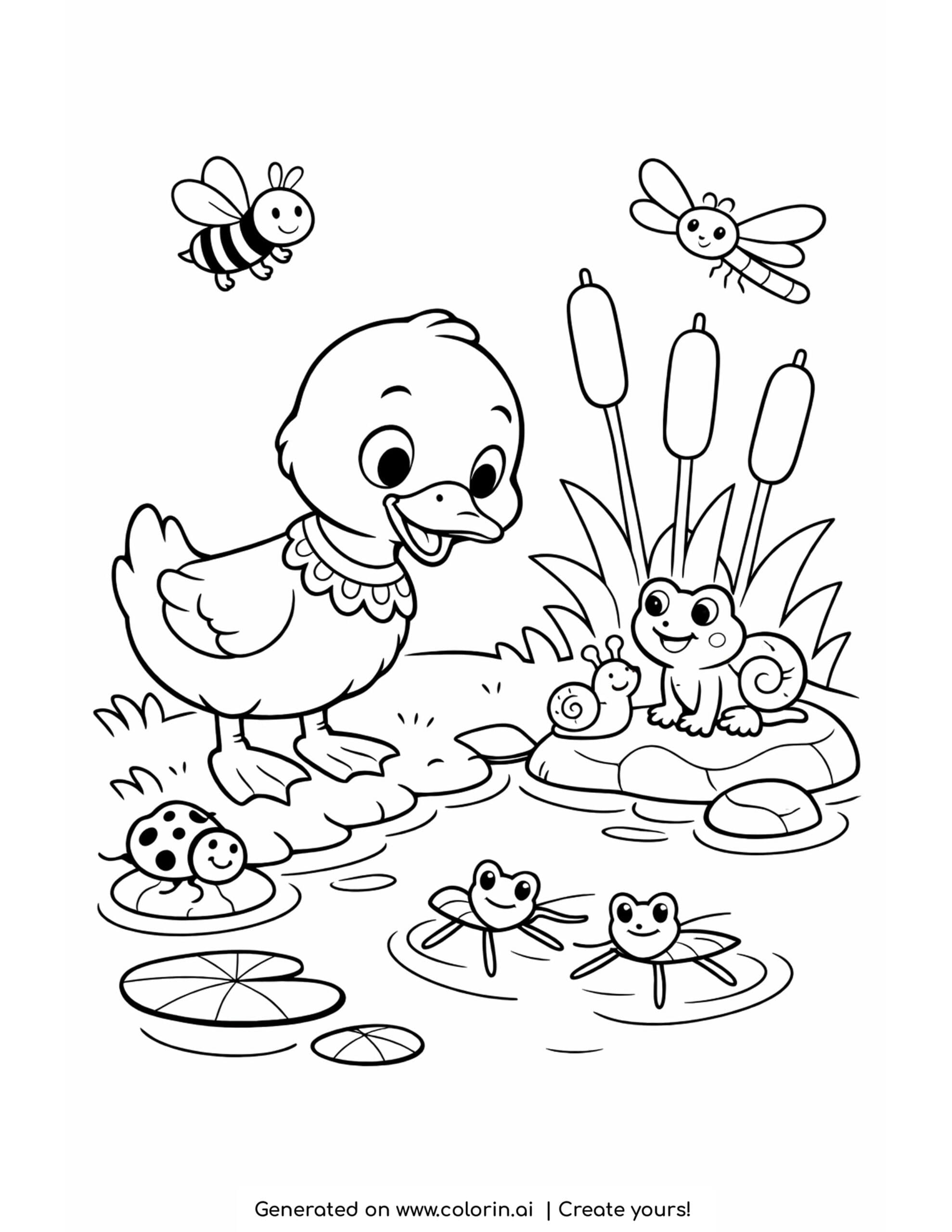 duck exploring pond friends coloring page with frogs, insects, and cattails