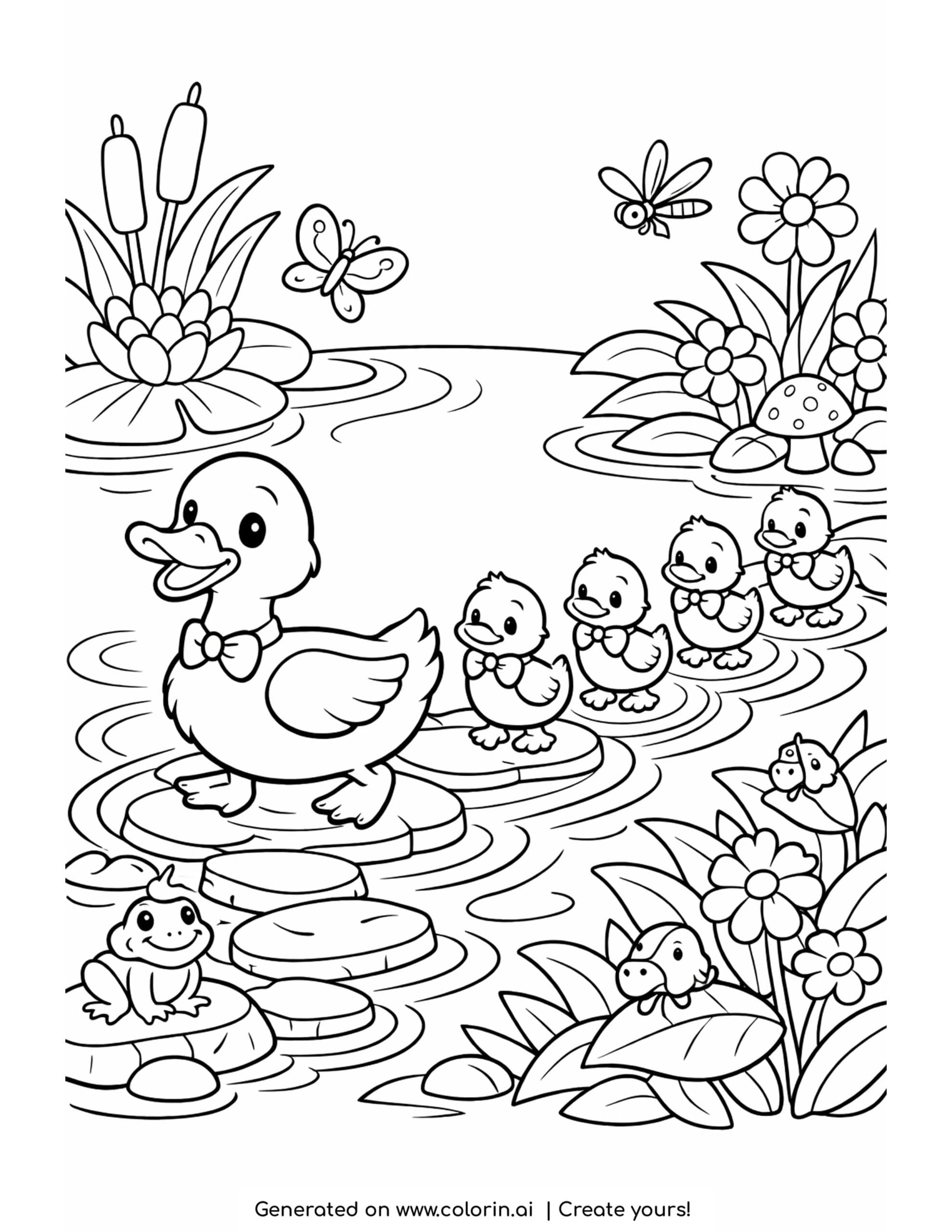 duck family walking on pond stones coloring page with flowers and ducklings