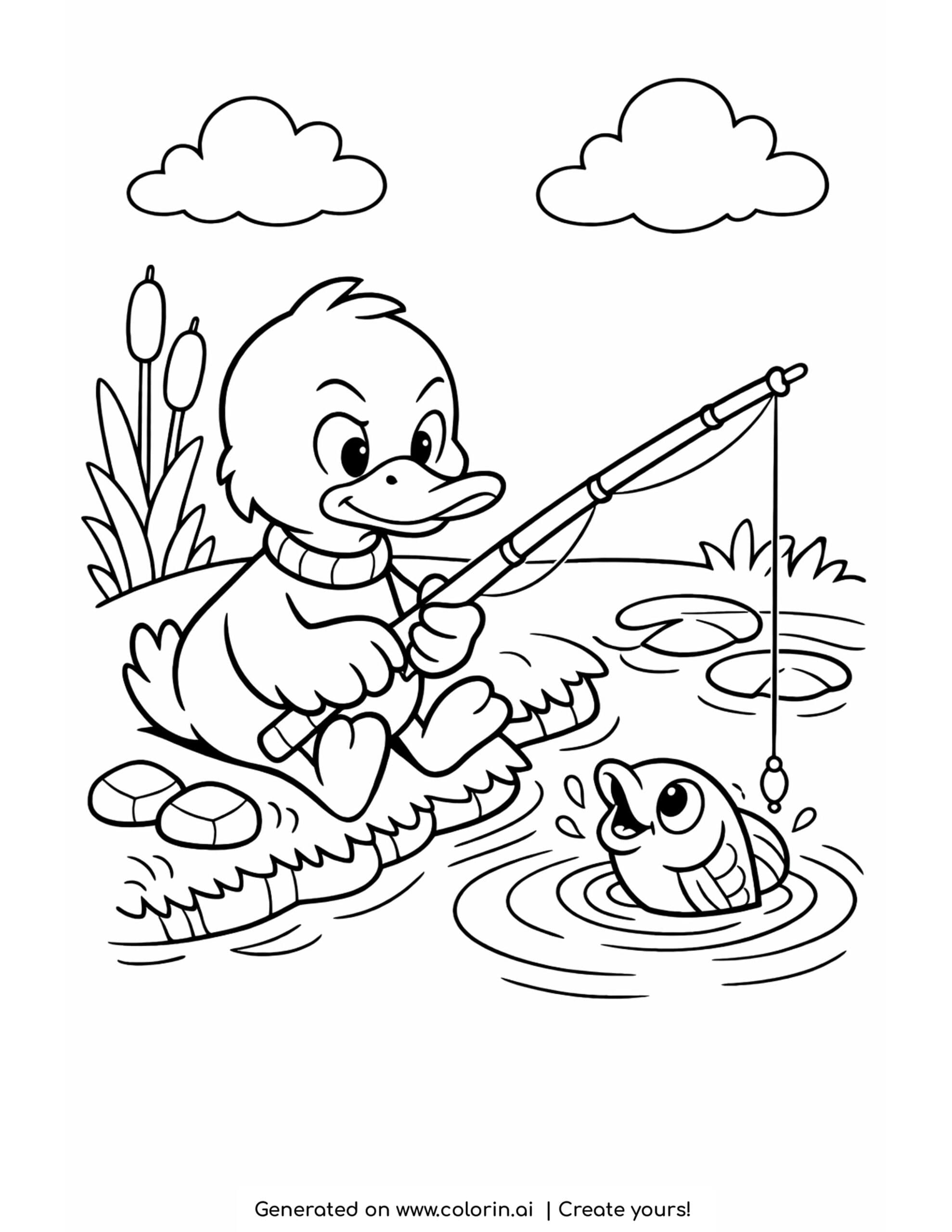 duck fishing at pond with fish jumping and ripples coloring page