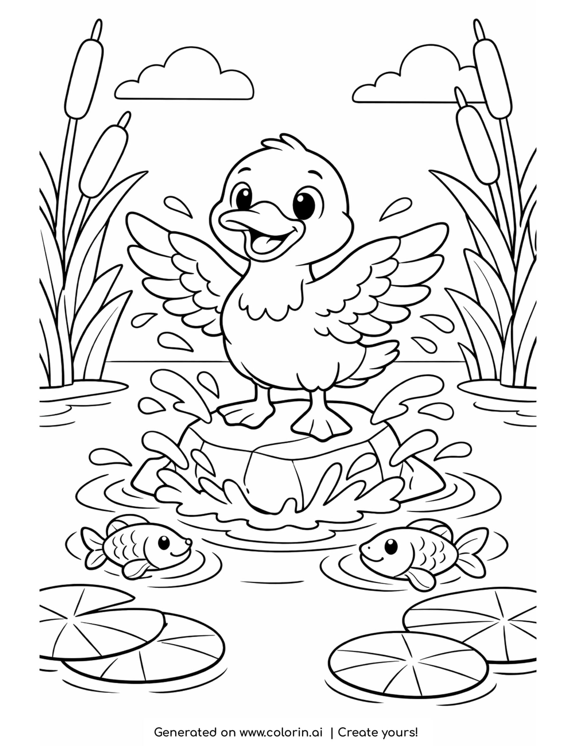 duck flapping on pond rock coloring page with fish and lily pads