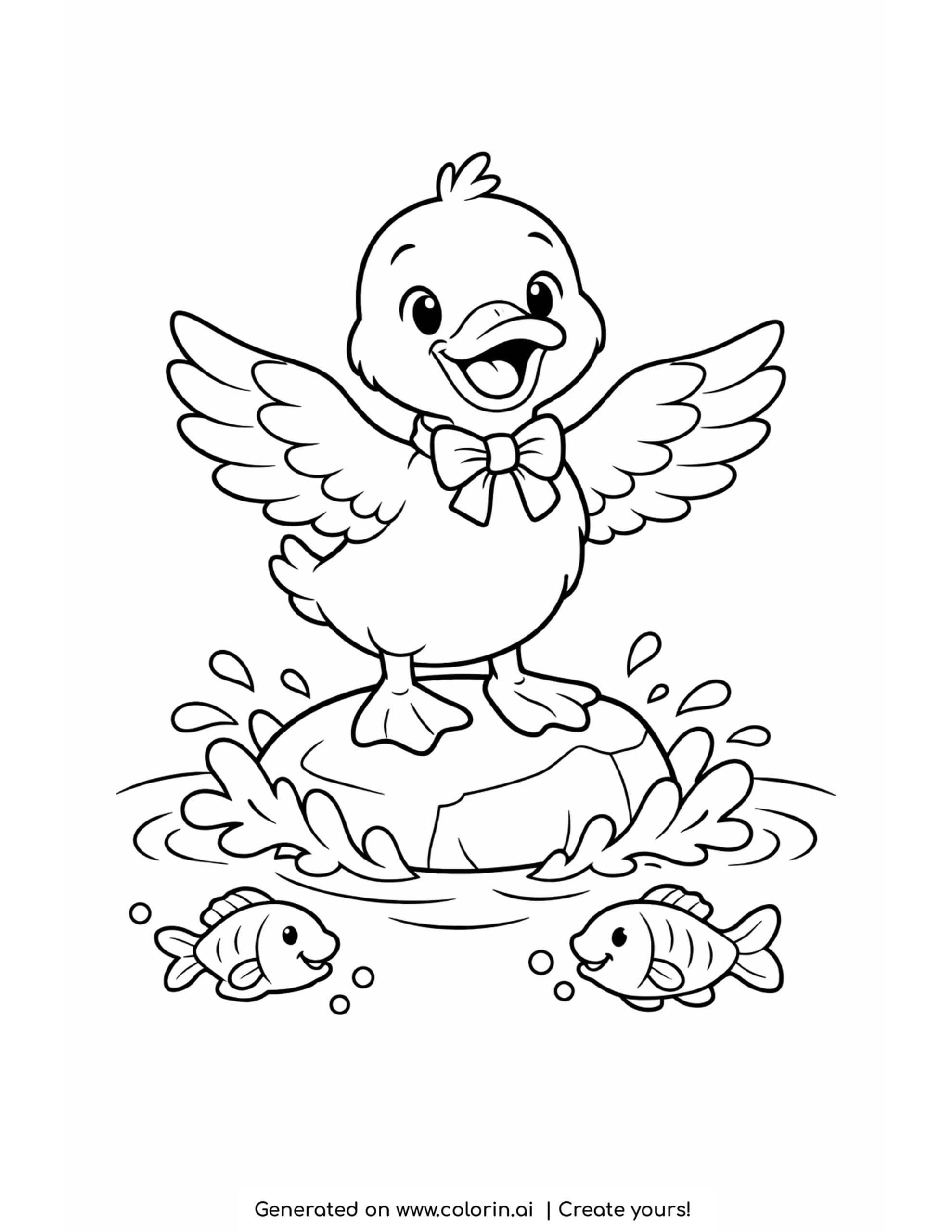 duck flapping wings on rock coloring page with fish and water splashes