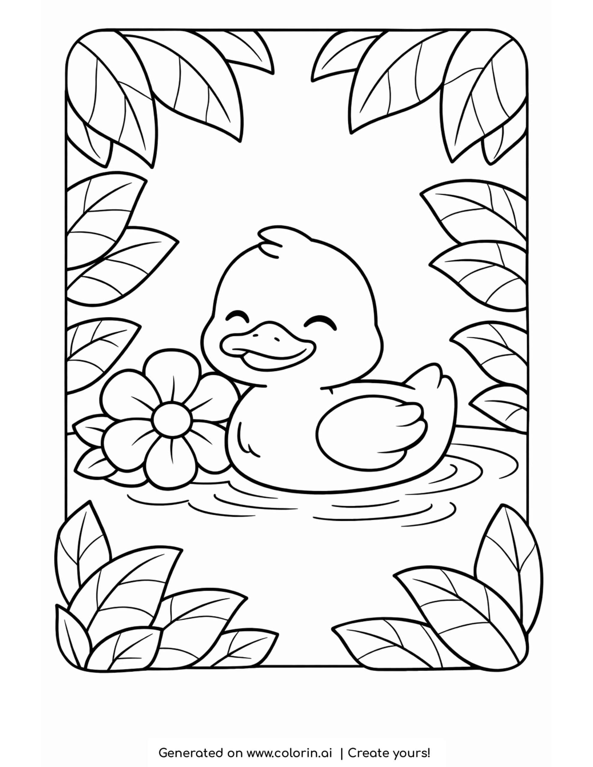 duck floating among leaves coloring page with flower and calm pond water