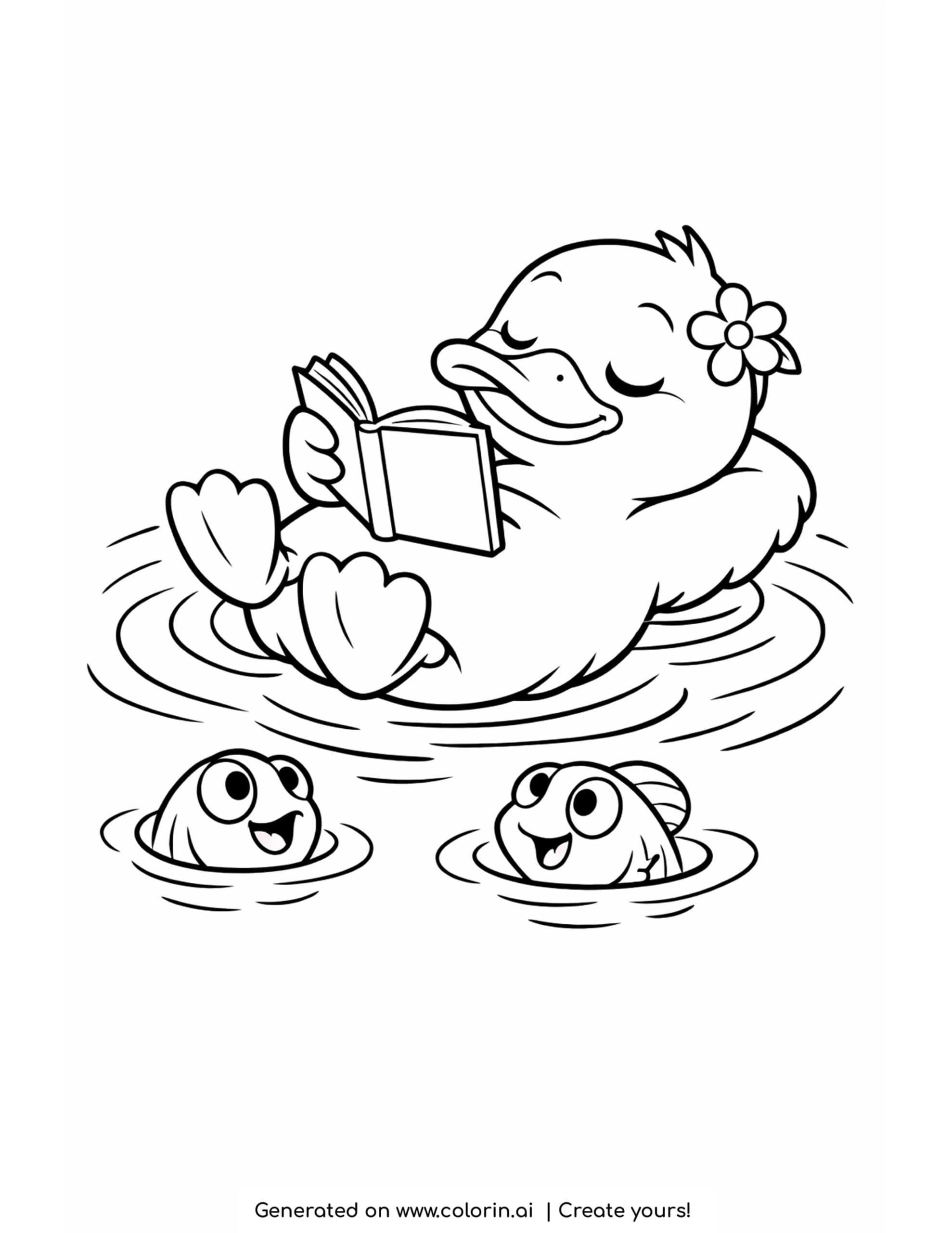 duck floating on water reading a book with fish and flower coloring page