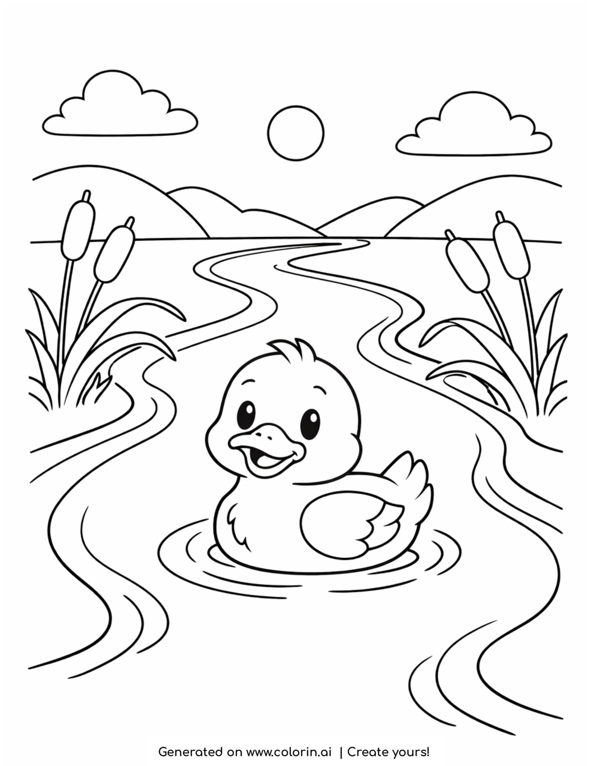 duck floating in a winding stream coloring page with reeds and calm water ripples