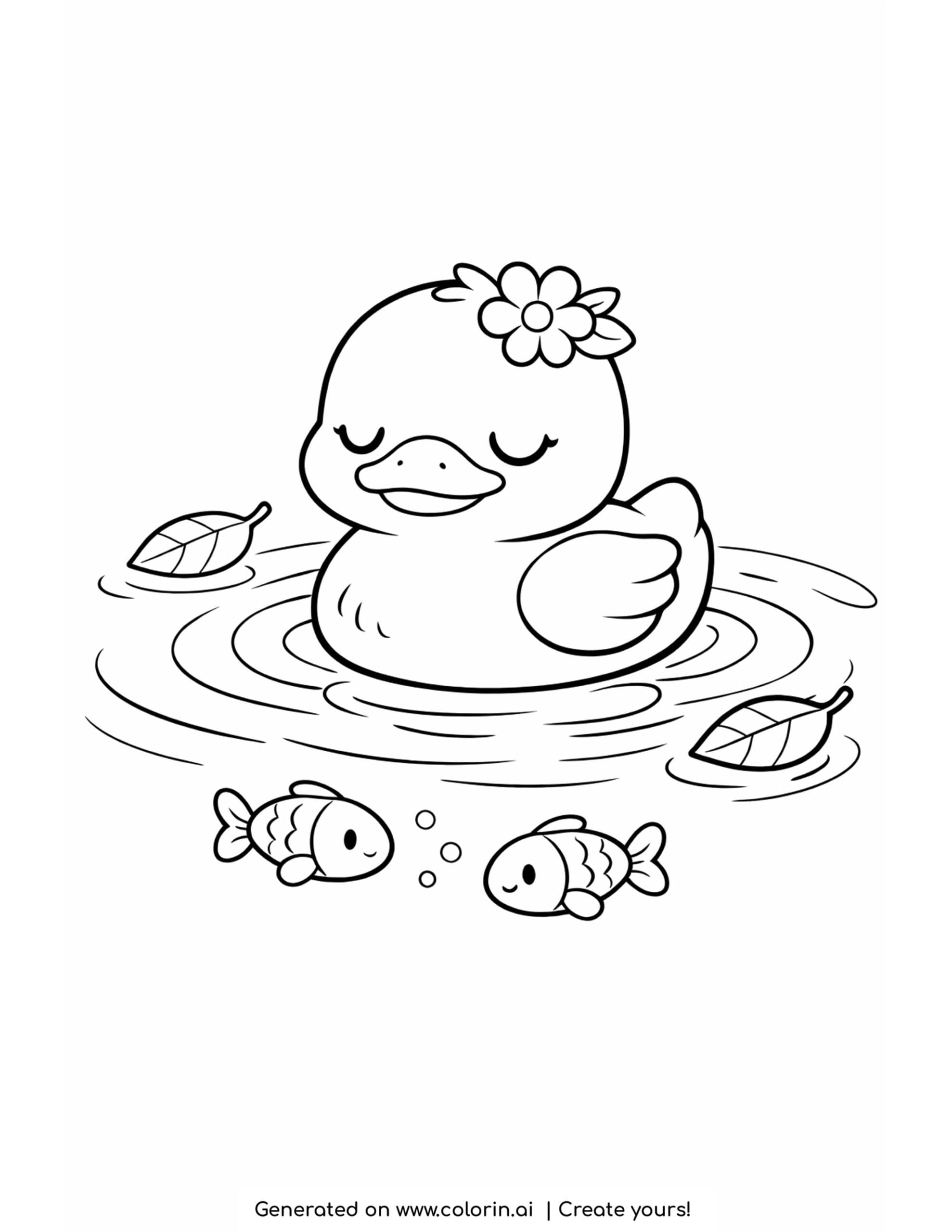 duck floating on calm water coloring page with fish and drifting leaves