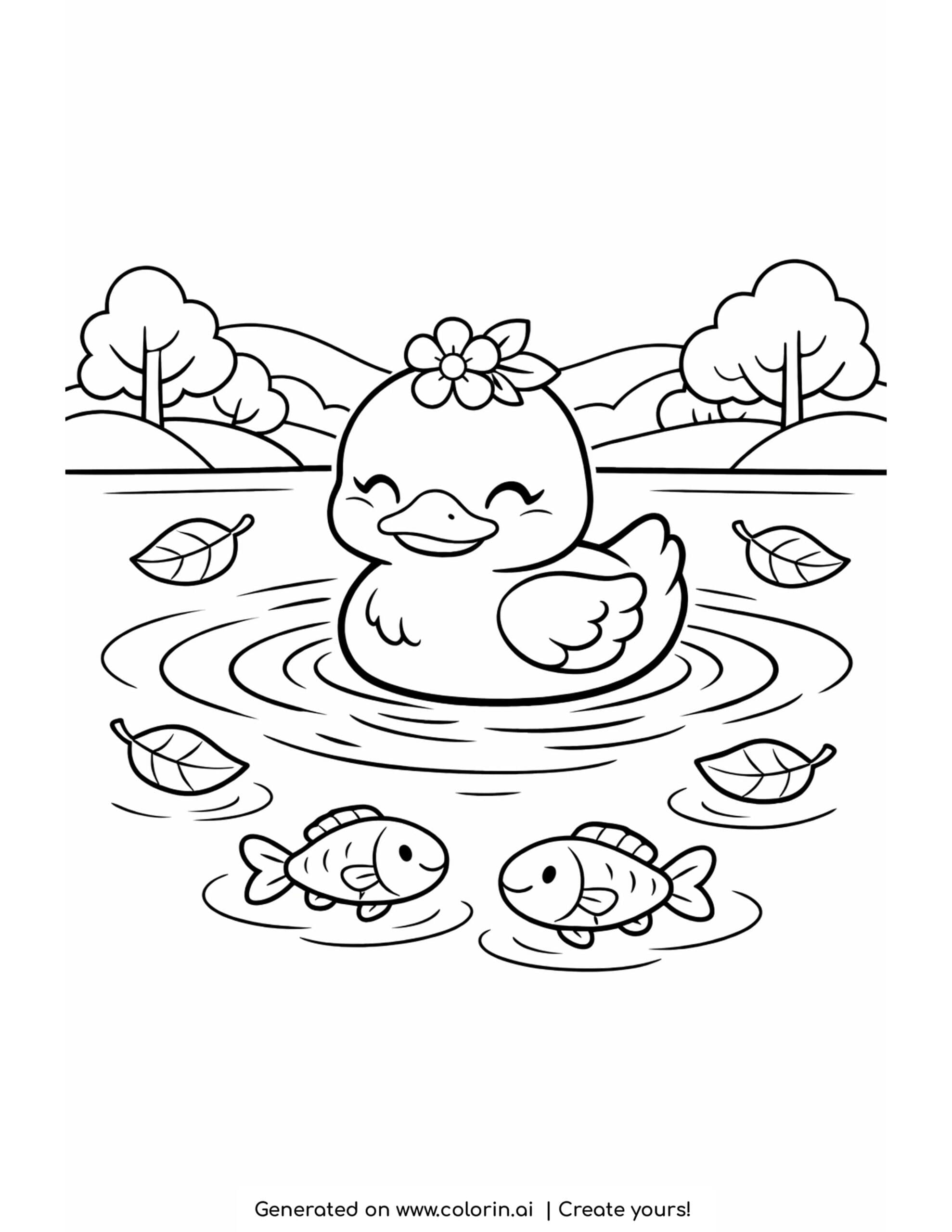 duck floating with drifting leaves coloring page with fish and calm water