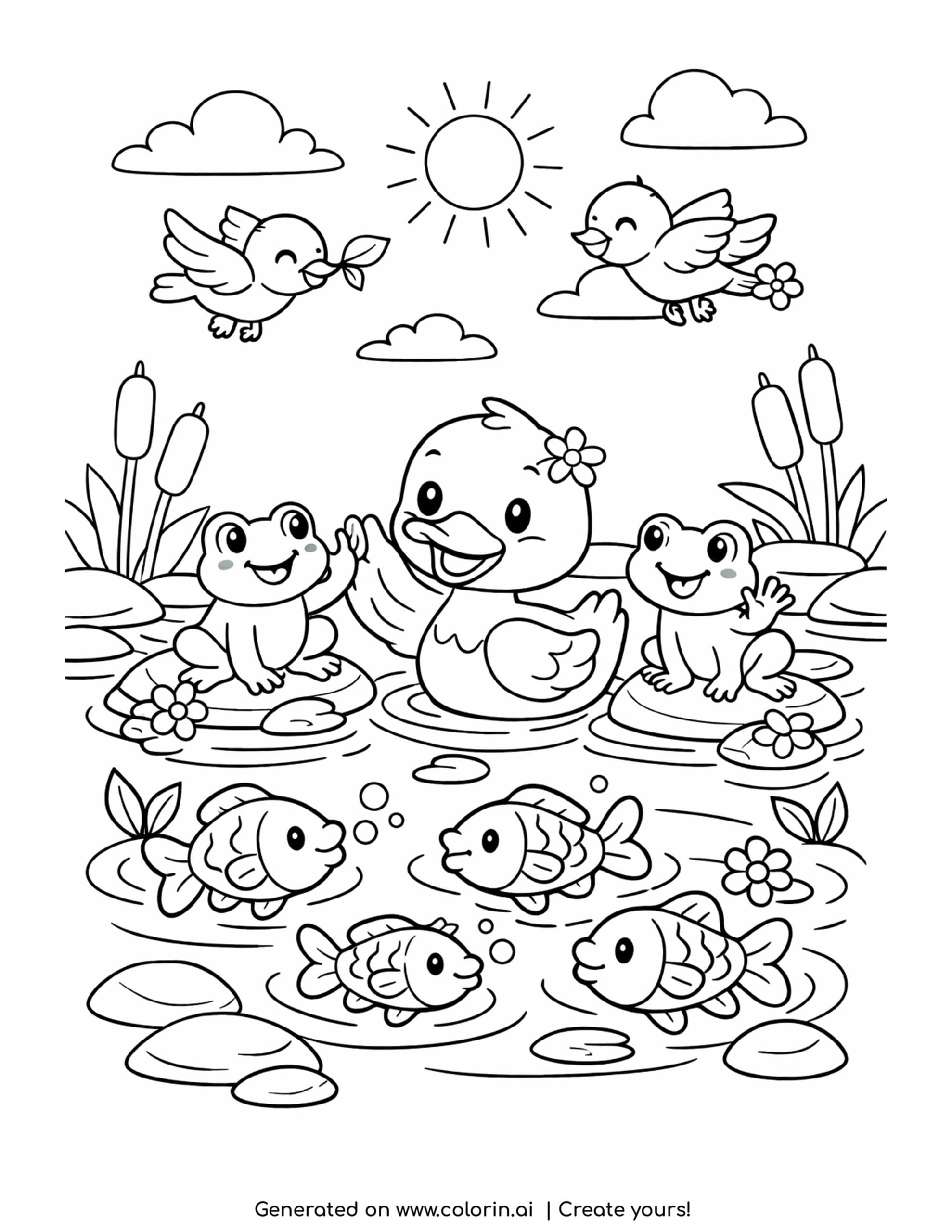 duck greeting frogs at pond coloring page with fish and birds