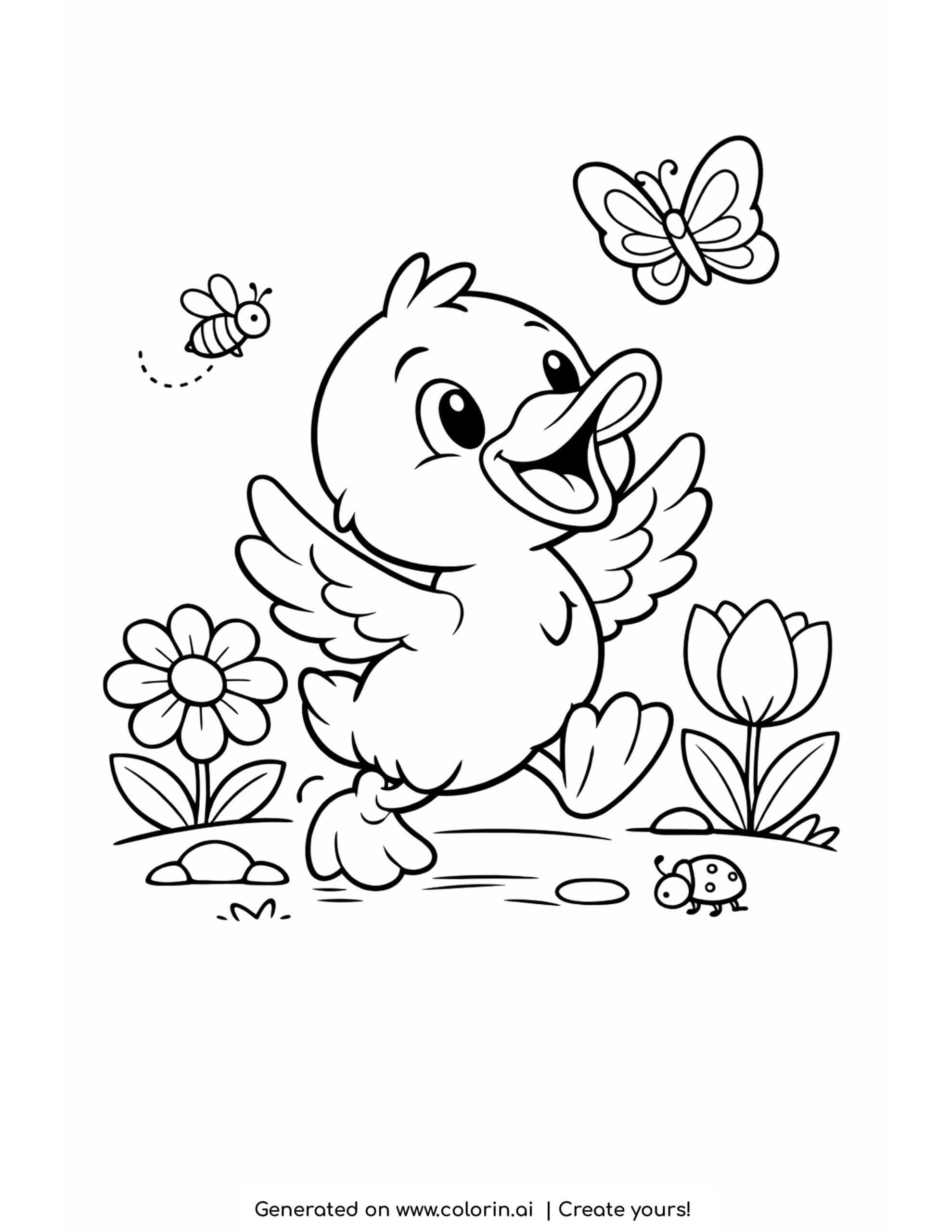 duck hopping after a butterfly coloring page with flowers and tiny bugs