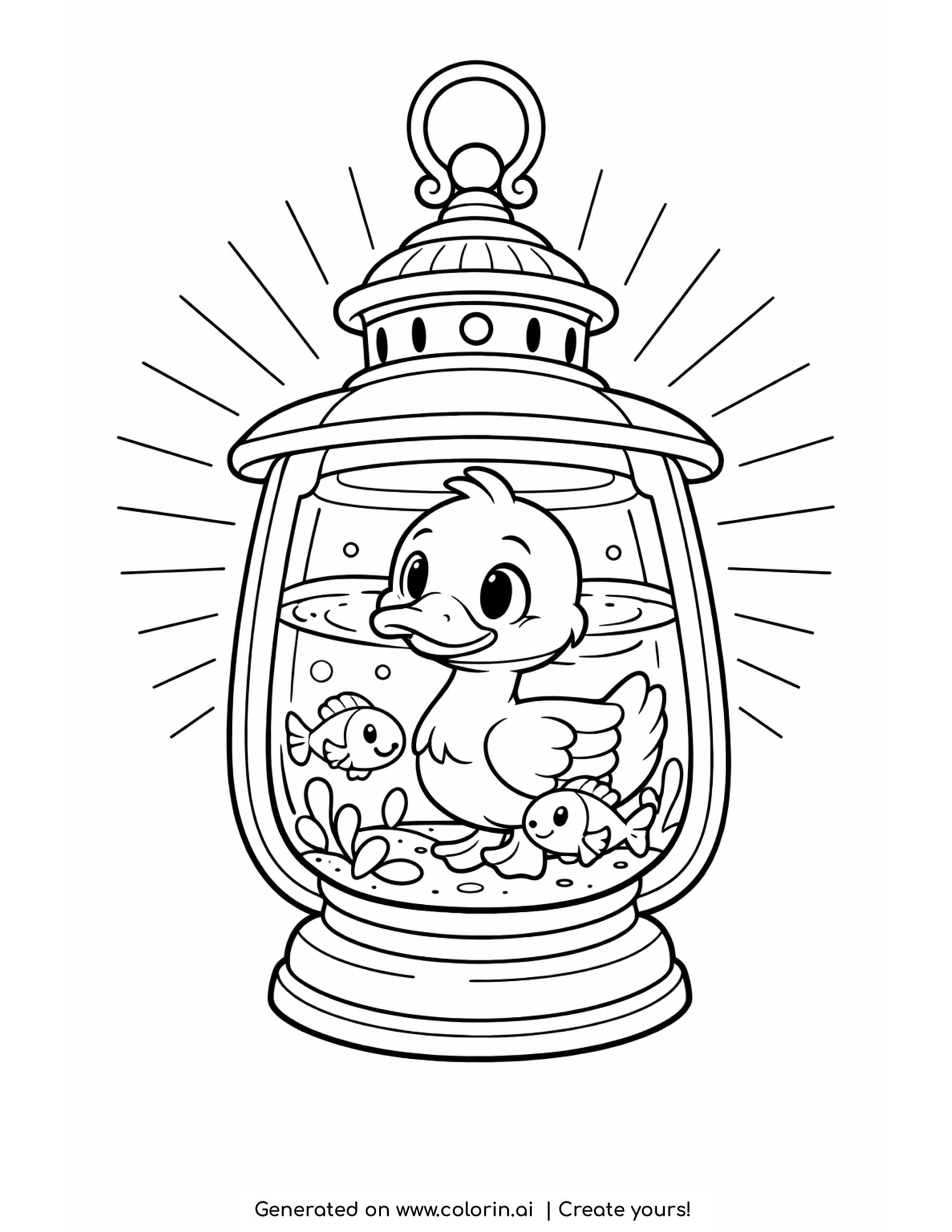 duck inside a glowing lantern coloring page with fish and water ripples