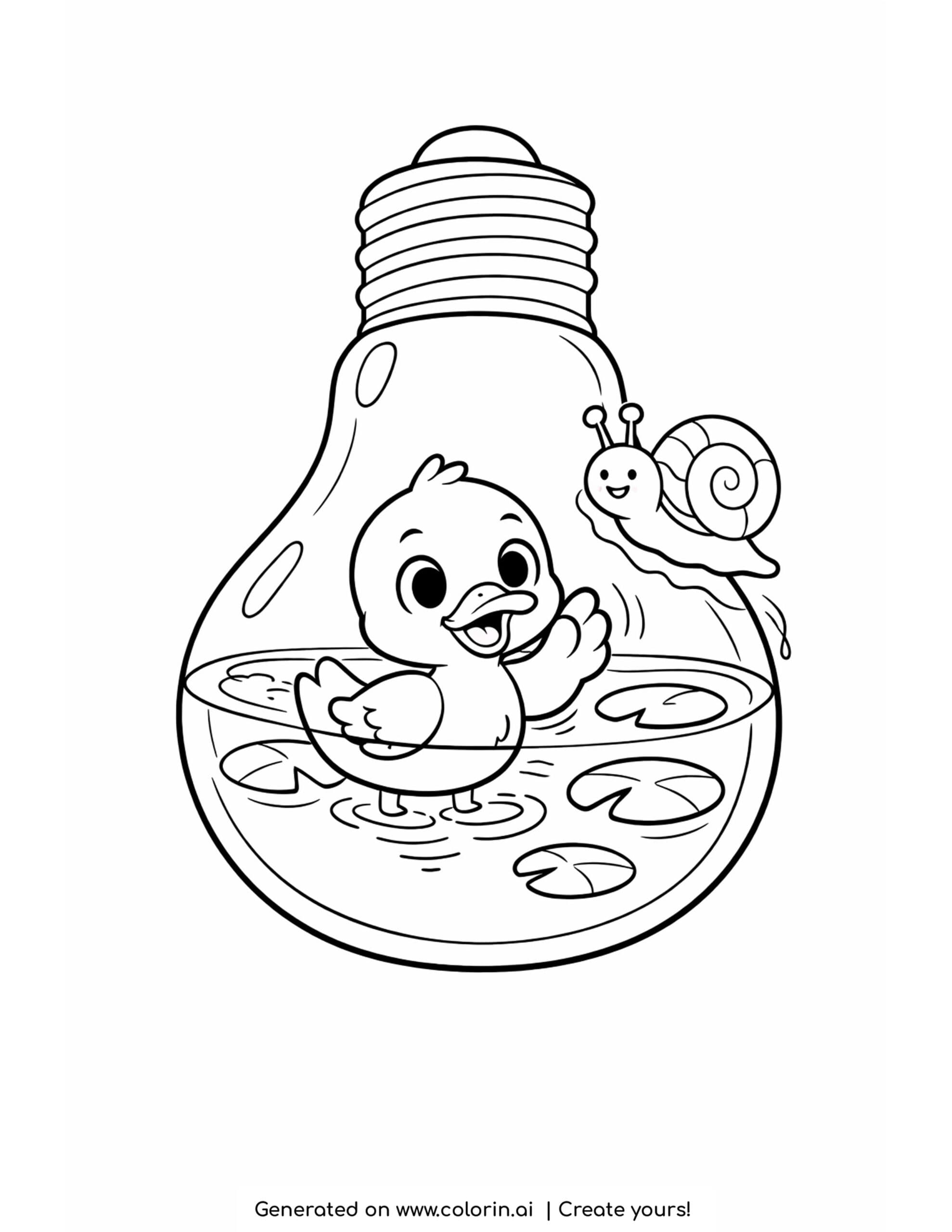 duck inside a lightbulb pond coloring page with lily pads and snail