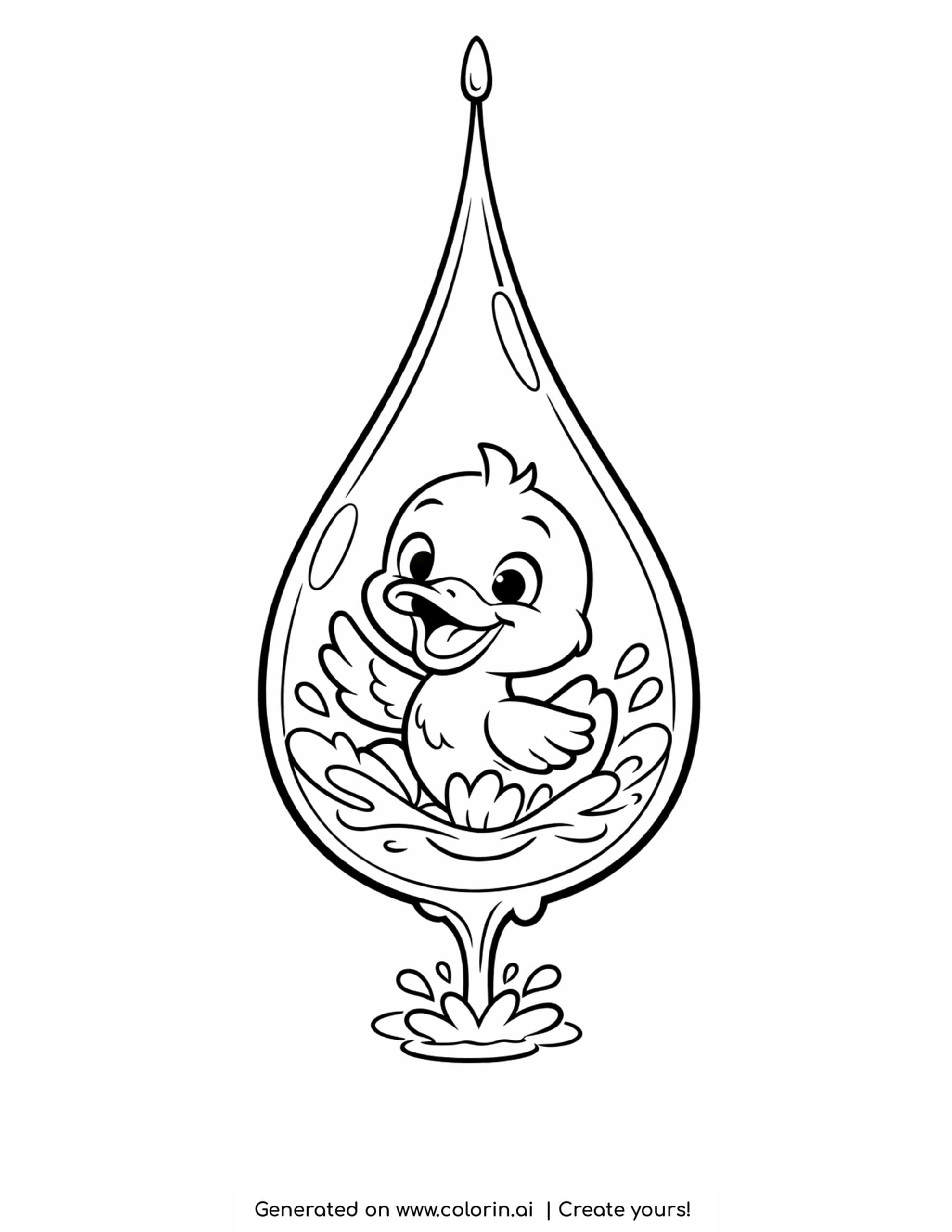 duck inside a rain droplet coloring page with water splashes and curved raindrop details
