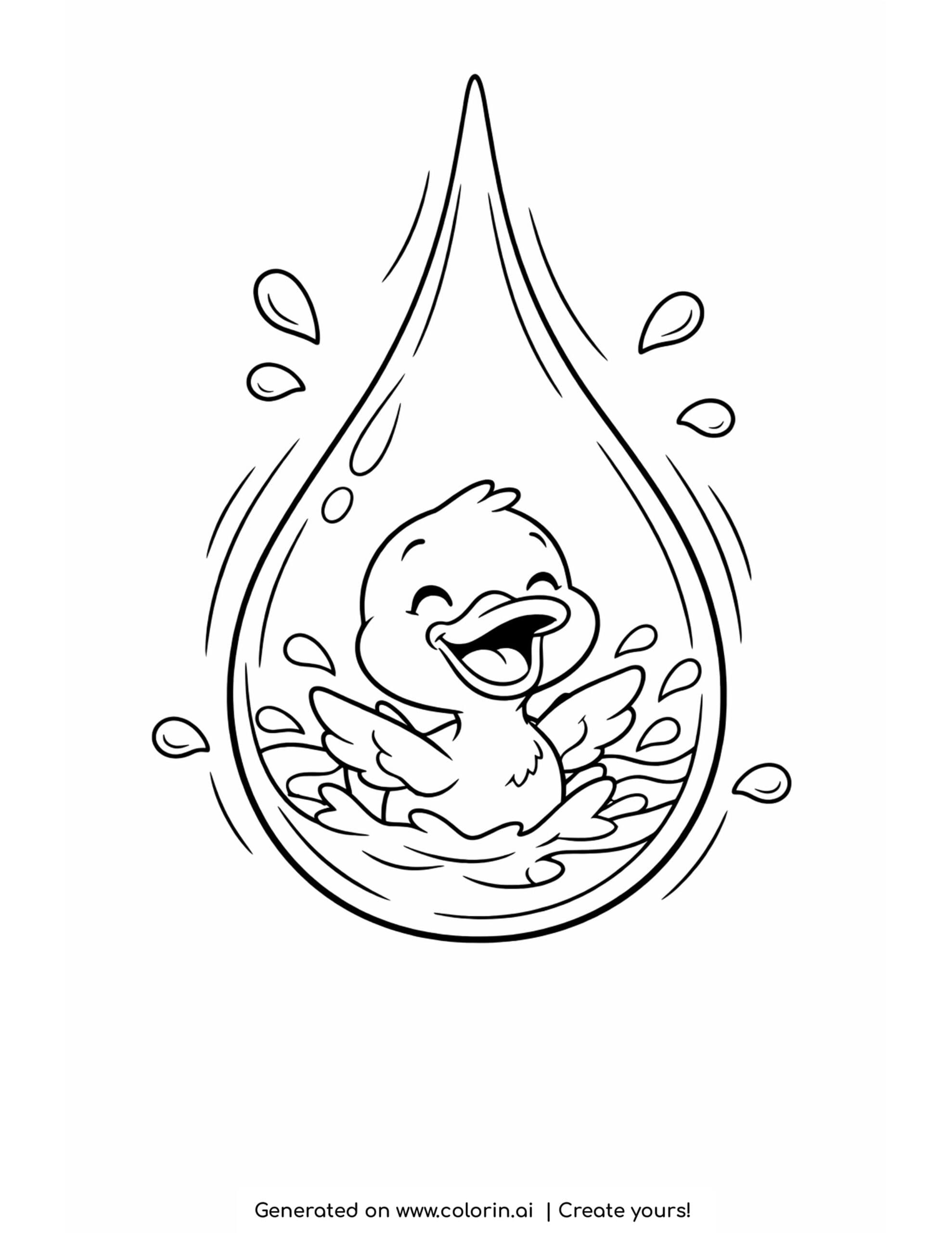 duck inside a water droplet coloring page with splashes and flowing water lines