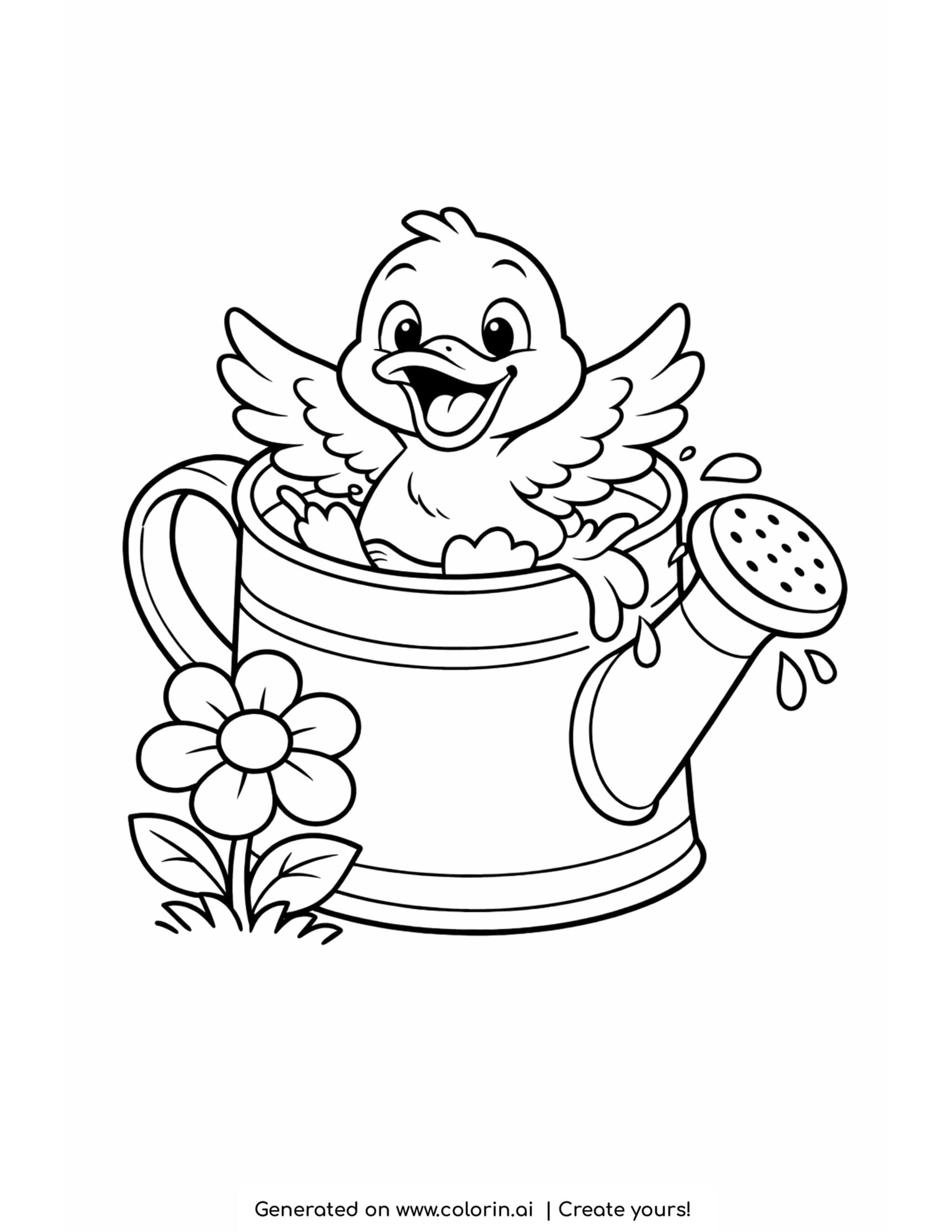 duck inside a watering can coloring page with splashing water and a garden flower