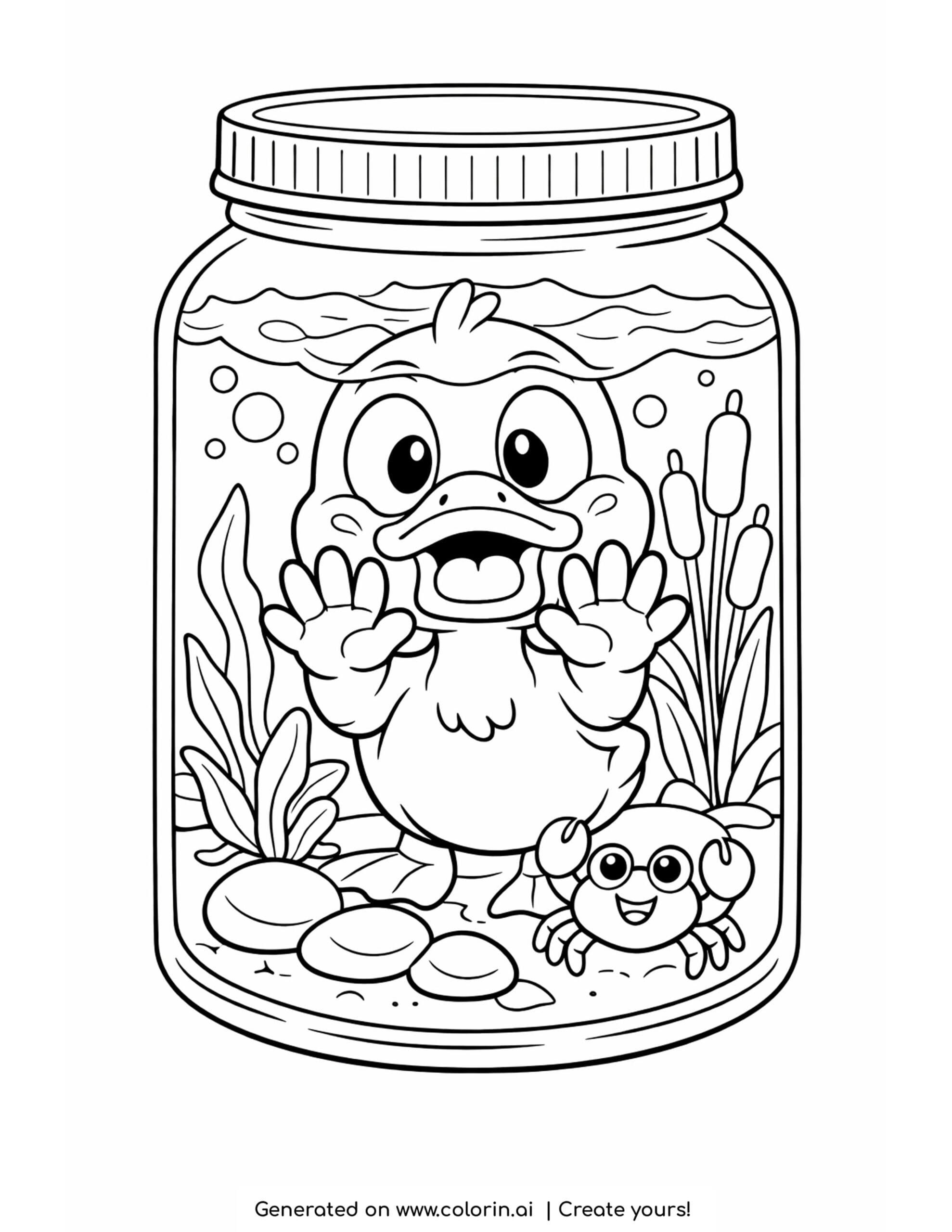 duck inside glass jar underwater with plants and crab coloring page