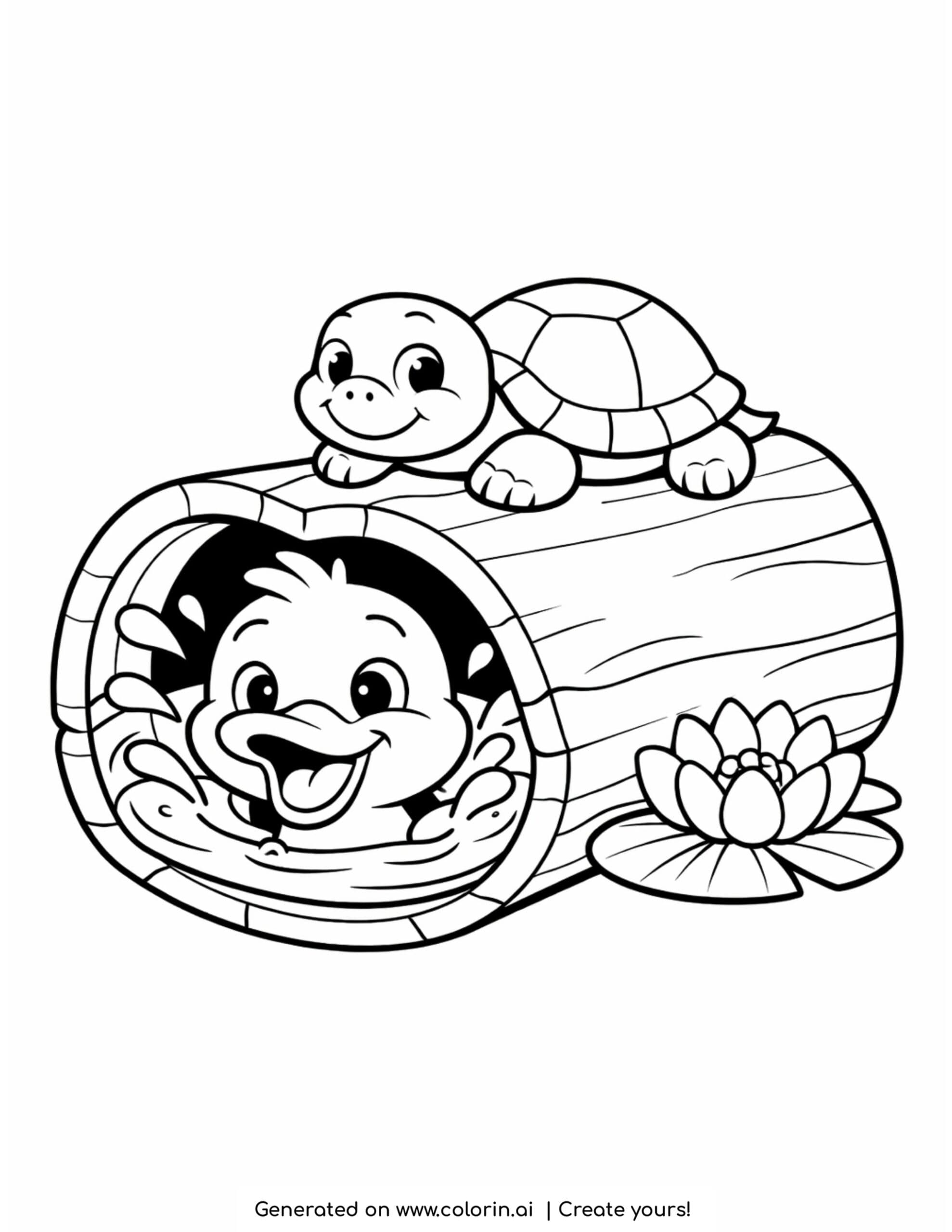 duck inside log pond with turtle and lily flower coloring page