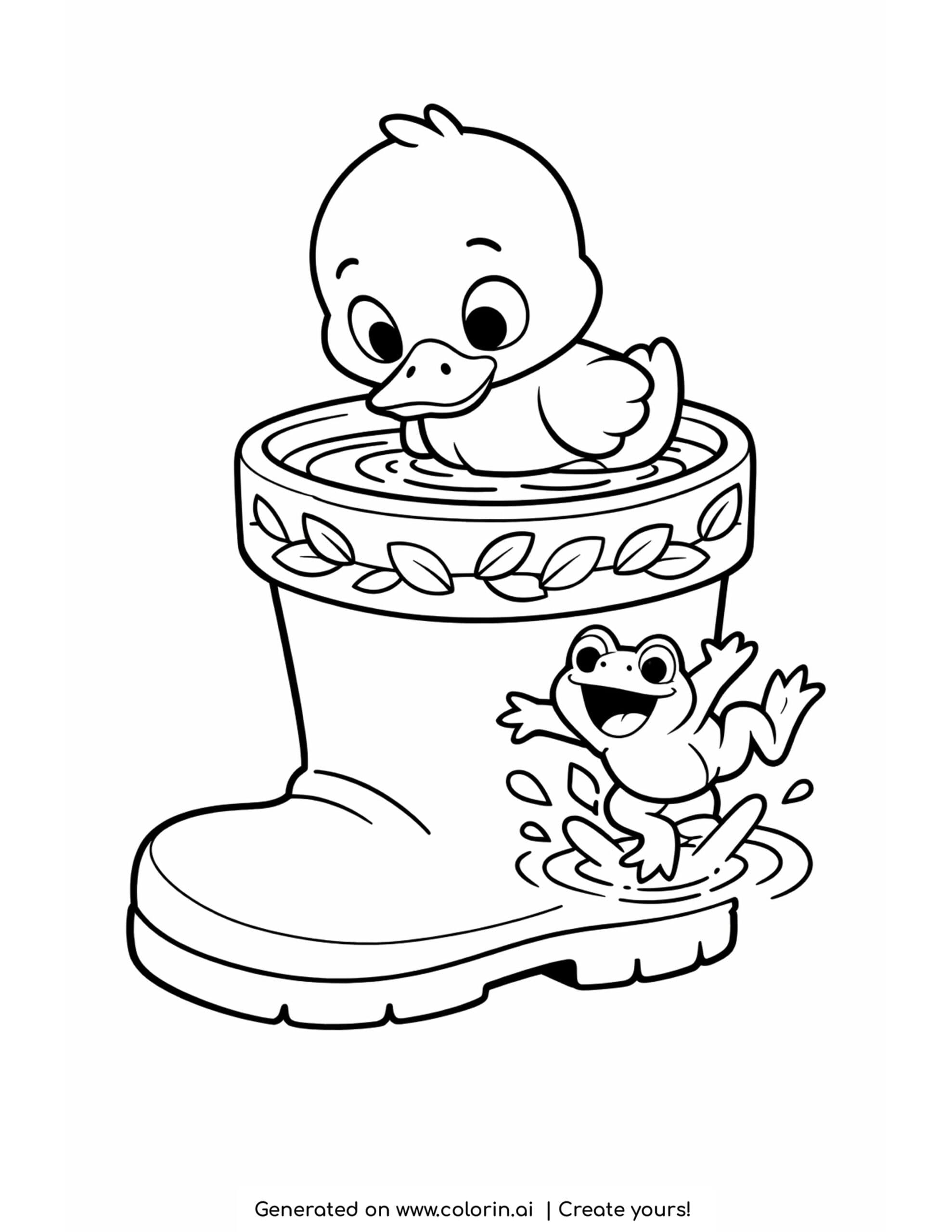 duck inside rain boot with frog splashing water coloring page