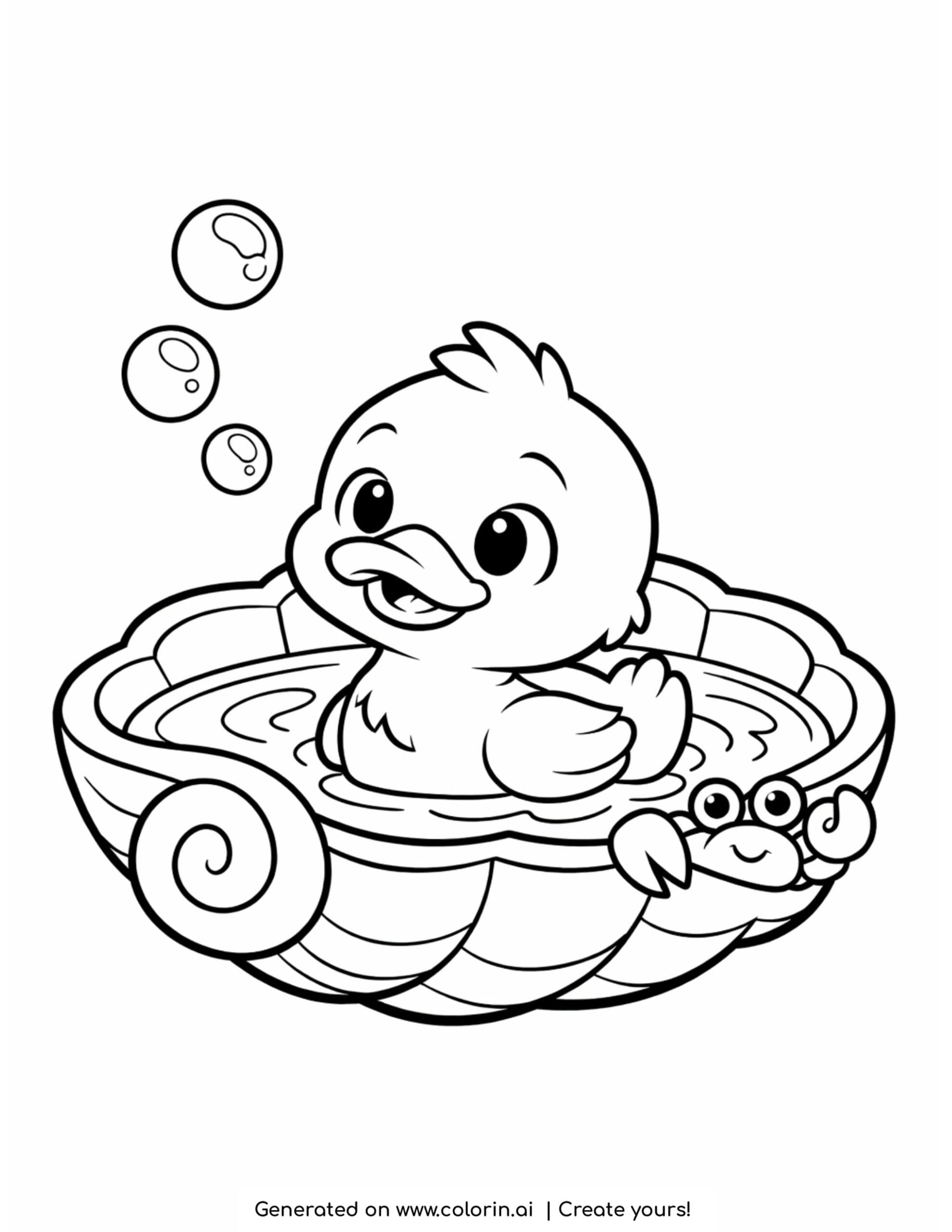 duck inside seashell with crab and bubbles coloring page