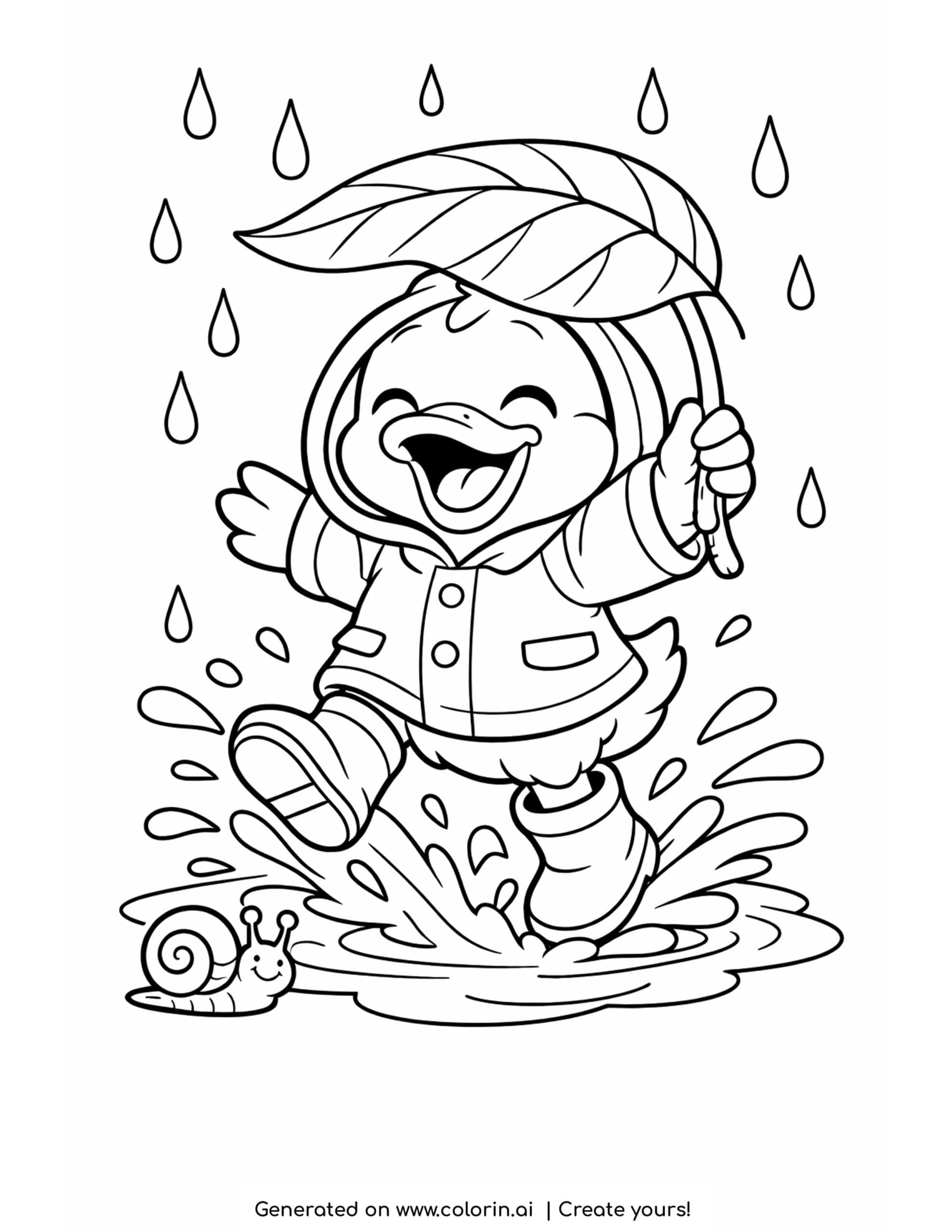 duck jumping in puddle with leaf umbrella and rain boots coloring page