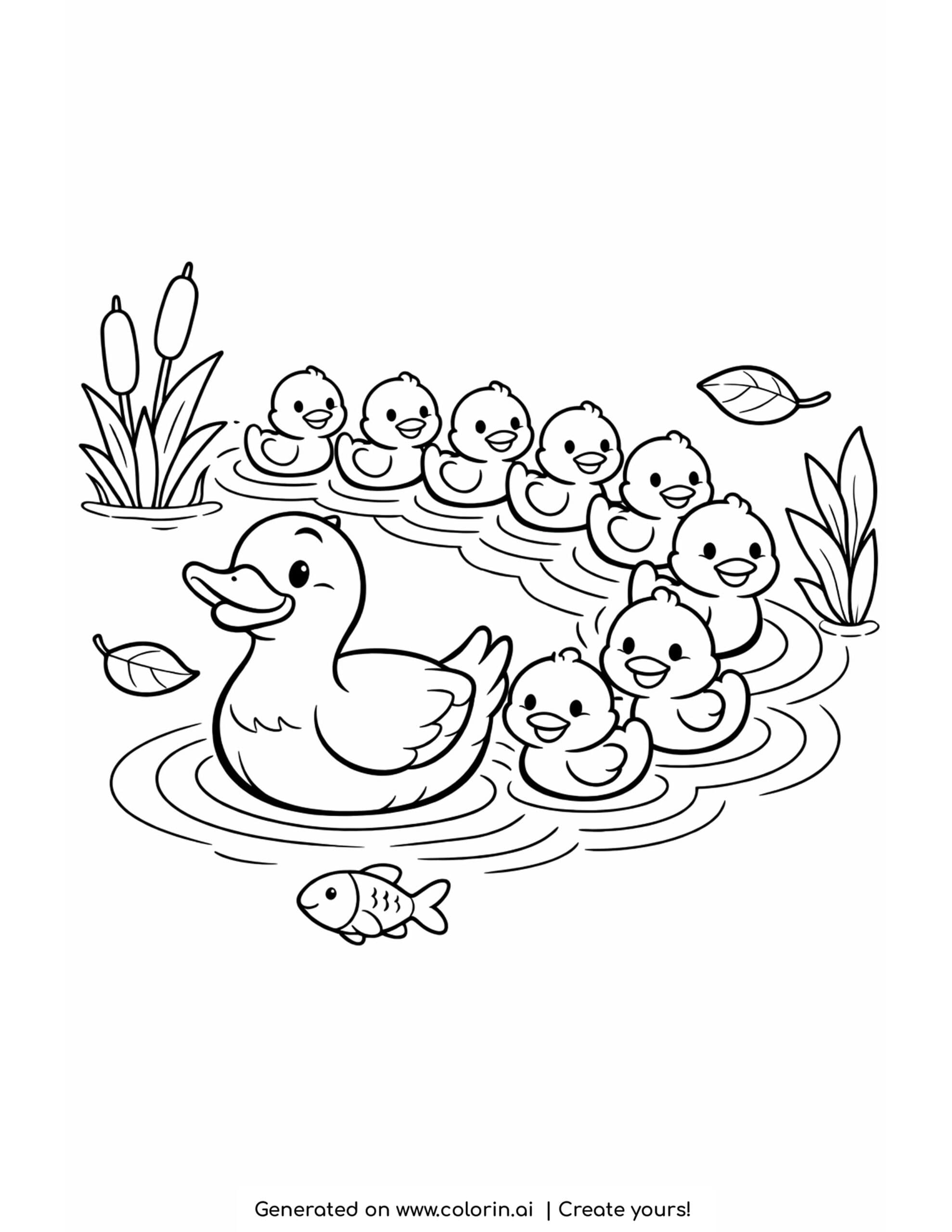 duck leading ducklings across pond coloring page with fish and leaves