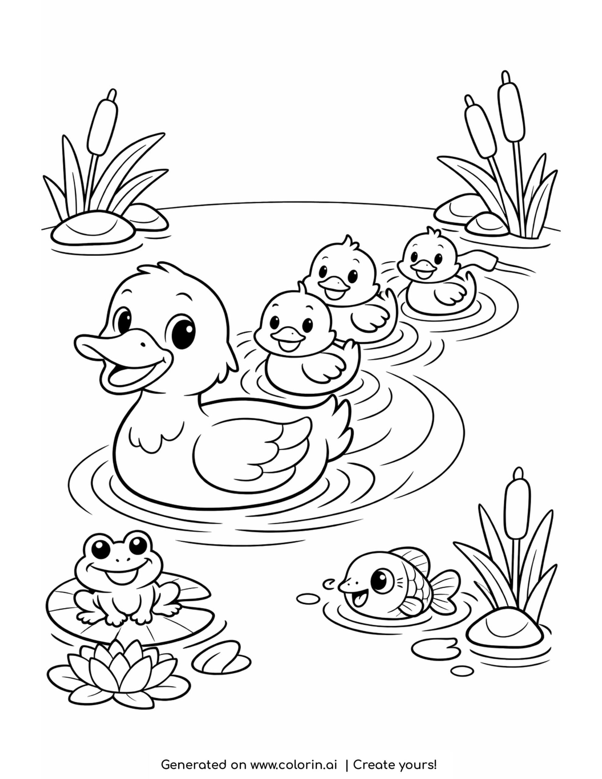duck leading three ducklings coloring page with pond ripples, a frog, and a fish
