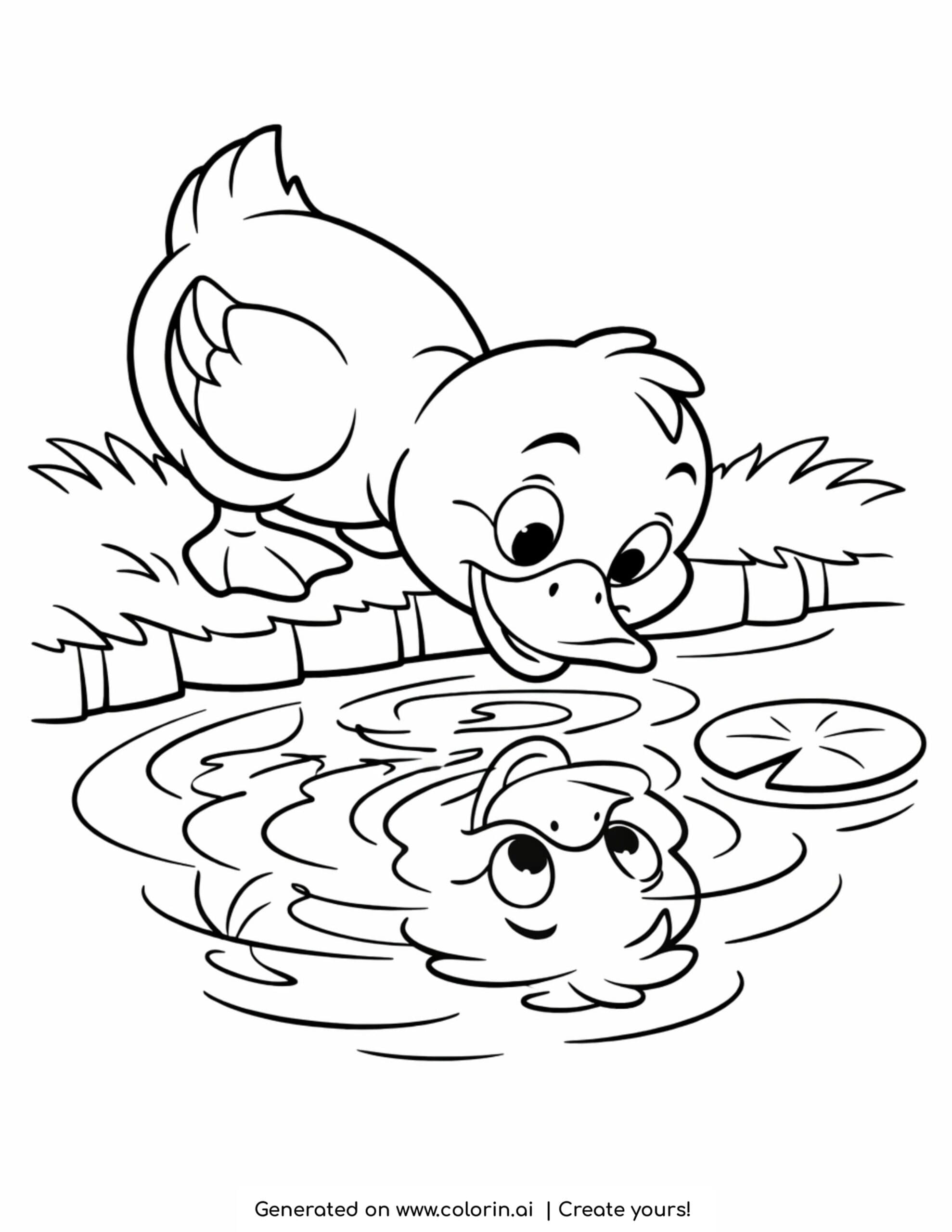 duck looking at its reflection coloring page with pond ripples and a floating lily pad