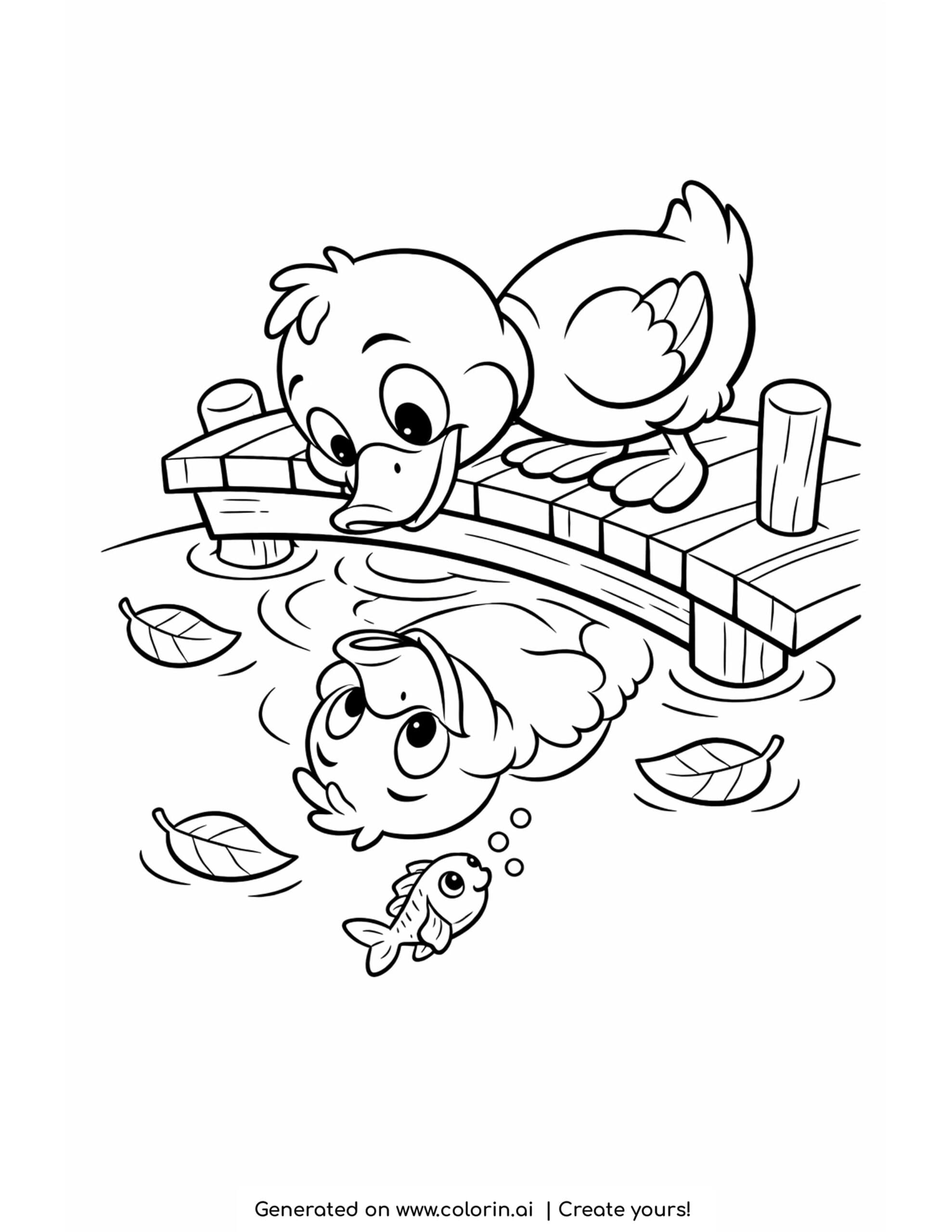 duck looking at reflection coloring page with fish and floating leaves