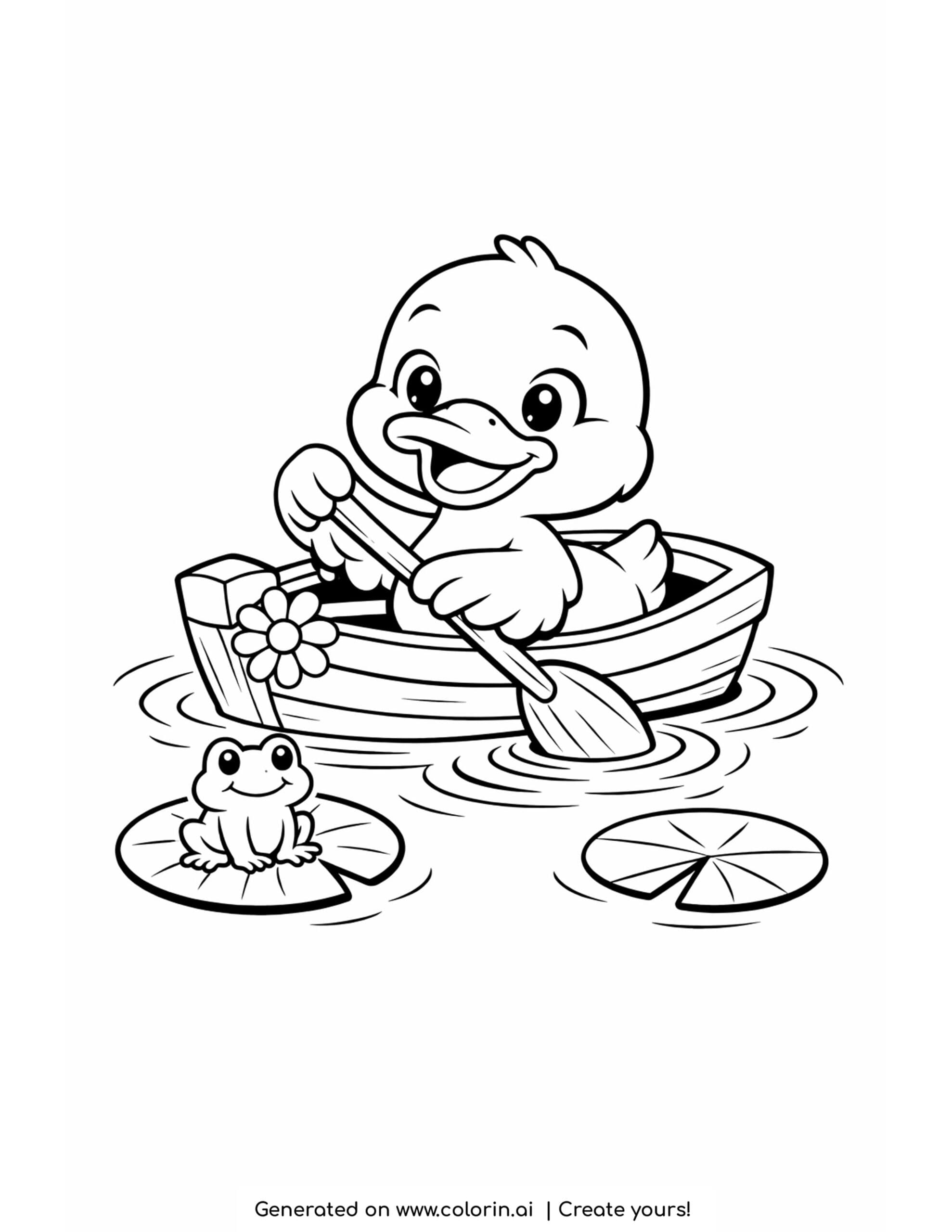 duck paddling a small boat with frog and lily pads coloring page