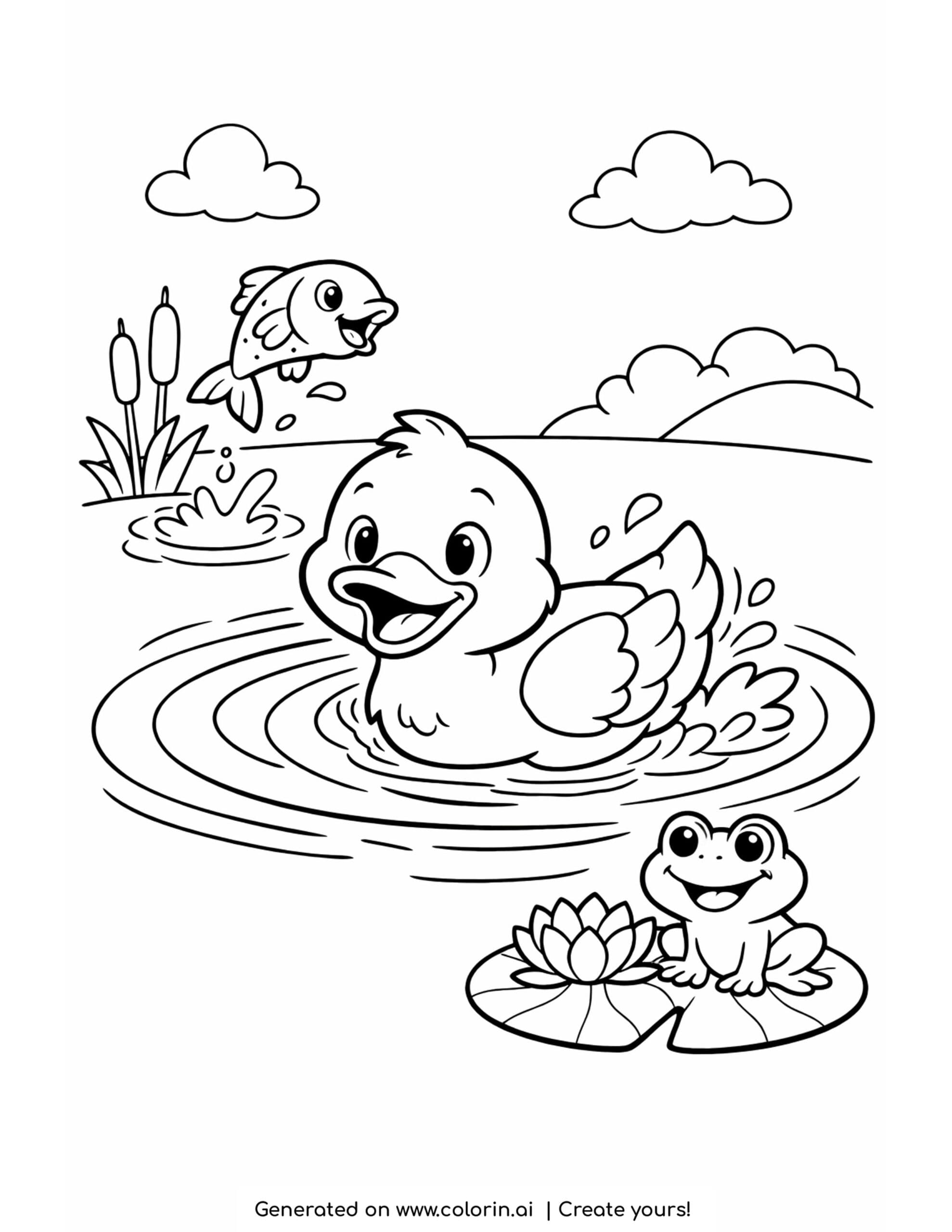 duck paddling beside lily pad coloring page with fish and frog