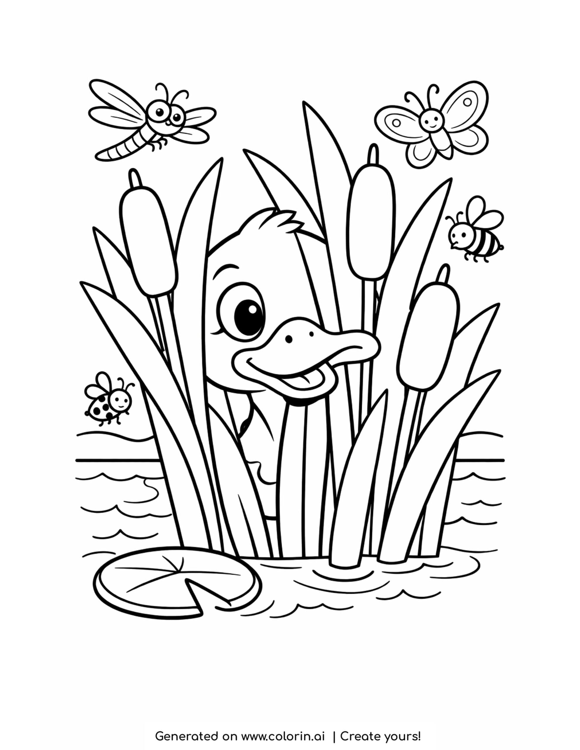 duck peeking through reeds coloring page with insects and pond plants