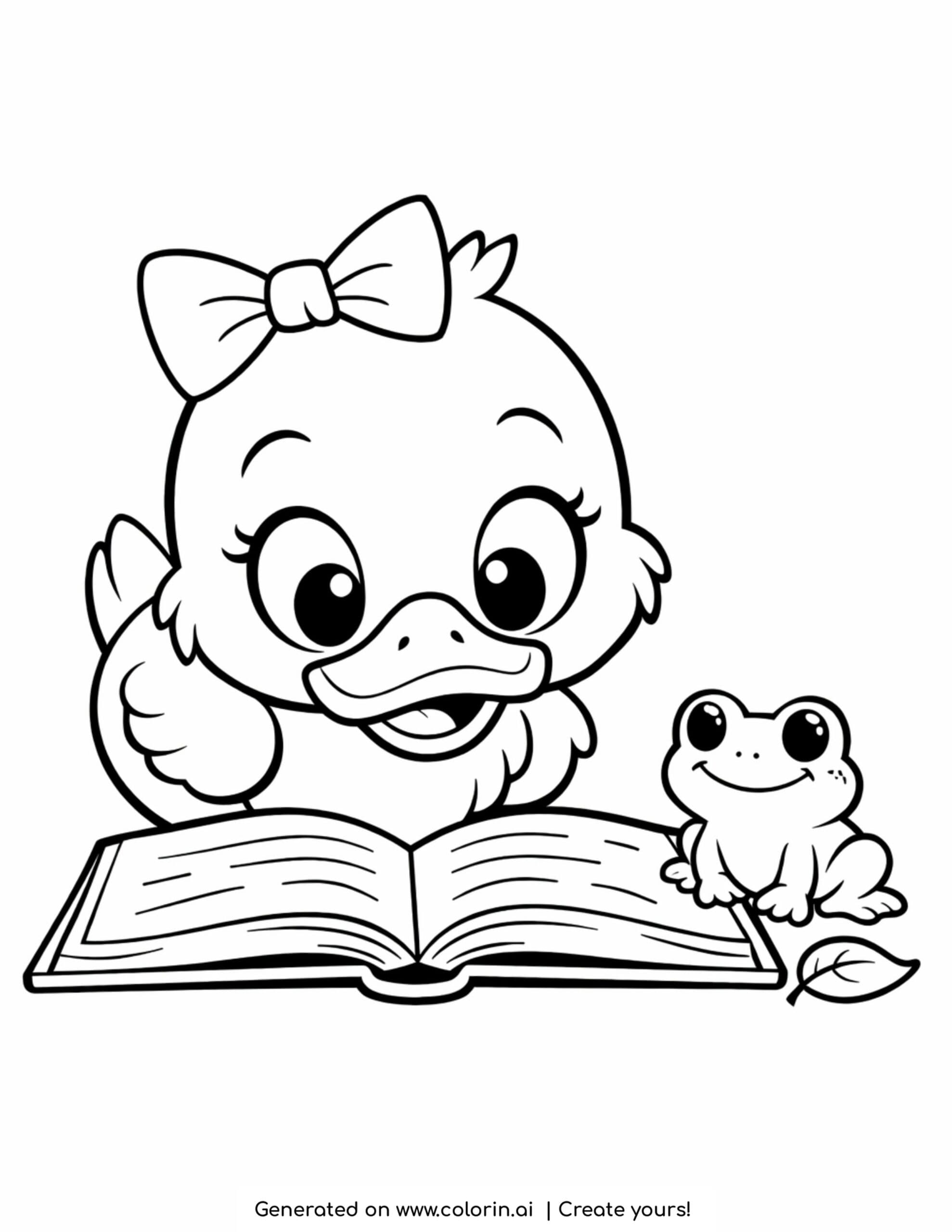 duck reading book with frog sitting beside coloring page