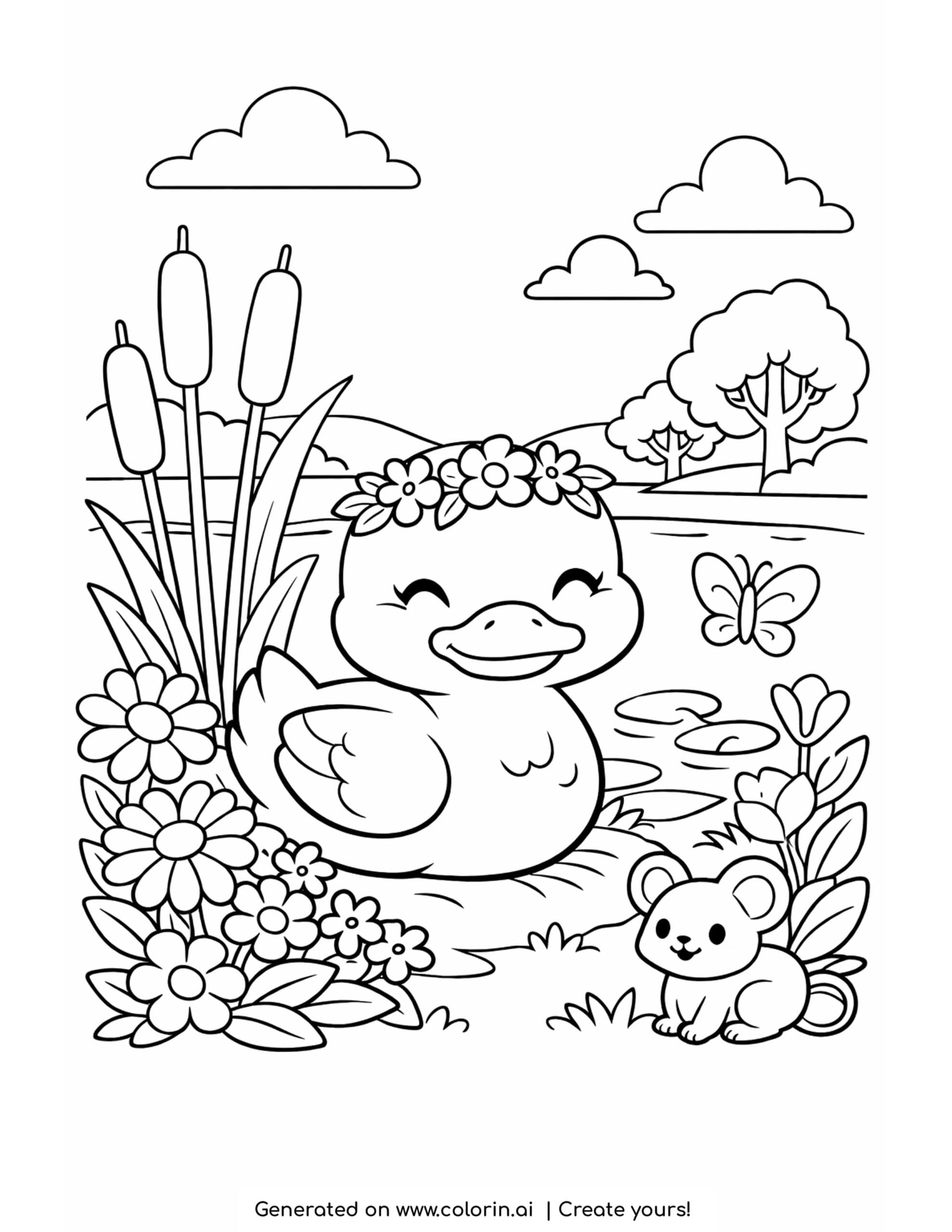 duck resting in flower garden coloring page with butterflies and flowers