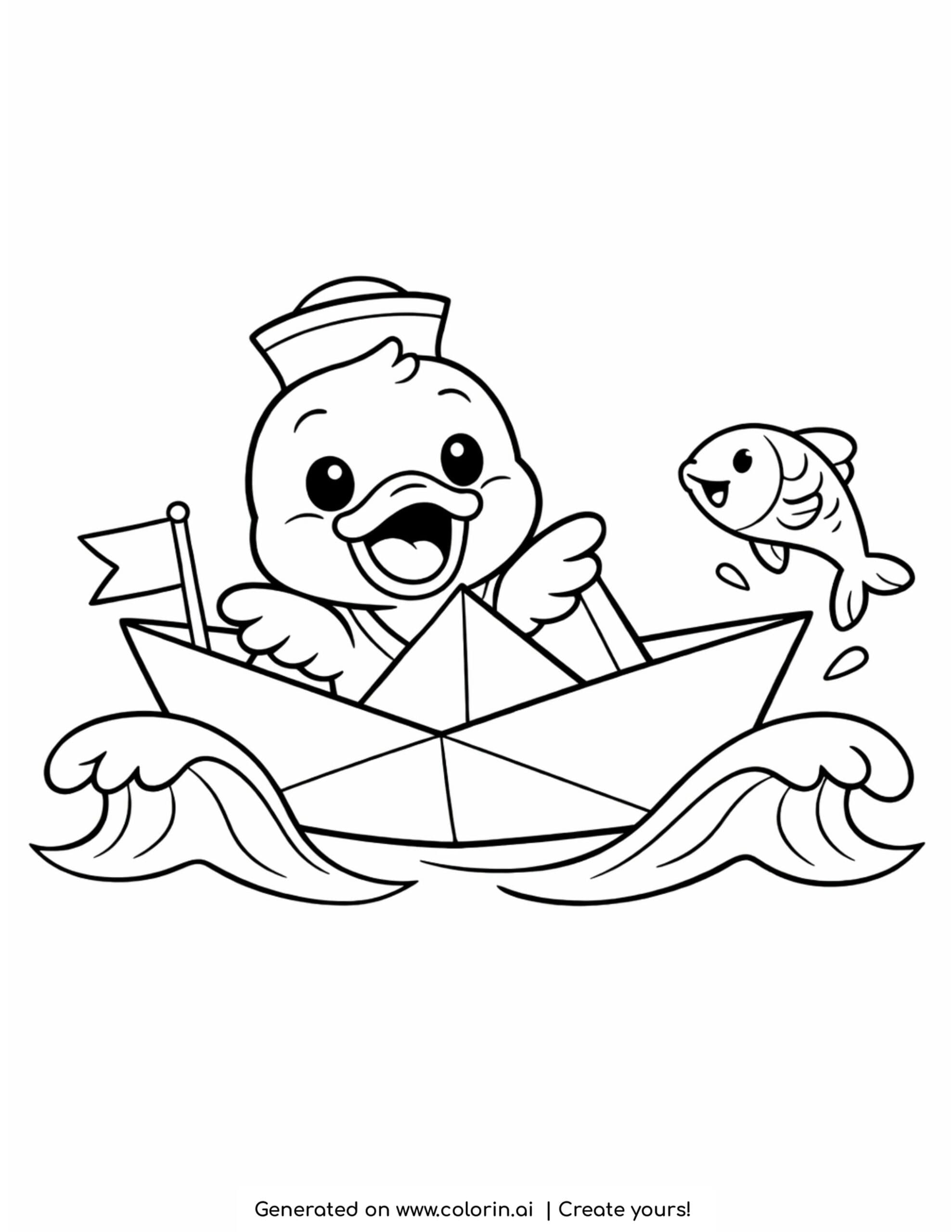 duck sailing paper boat with fish jumping and waves coloring page