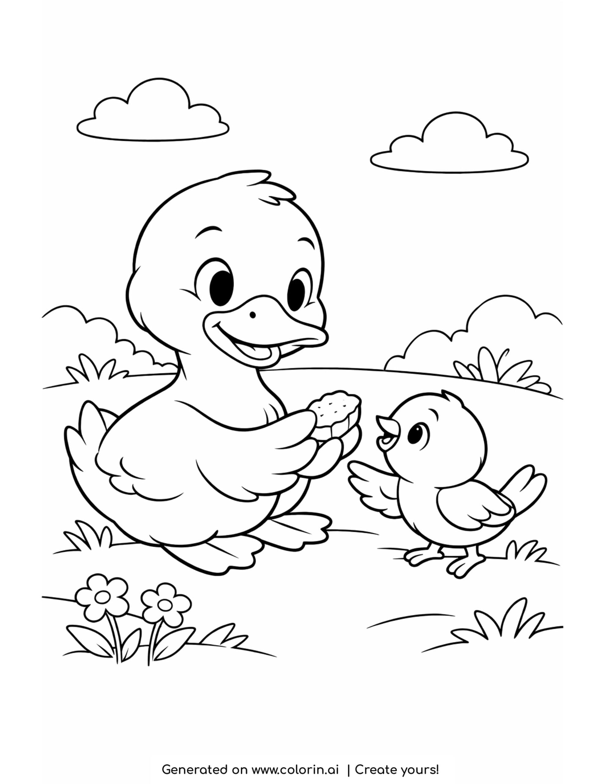 duck sharing food with a bird coloring page with flowers and grassy scenery